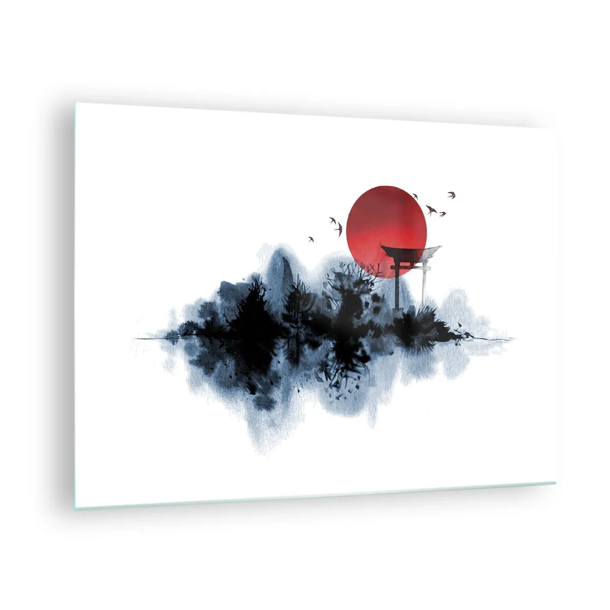 Glastavla - Bild på glas - Ett minimalistiskt landskap med en toriiport och en röd sol. - 70x50cm - Japansk utsikt - Modern väggdekoration för vardagsrum och sovrum ARTTOR