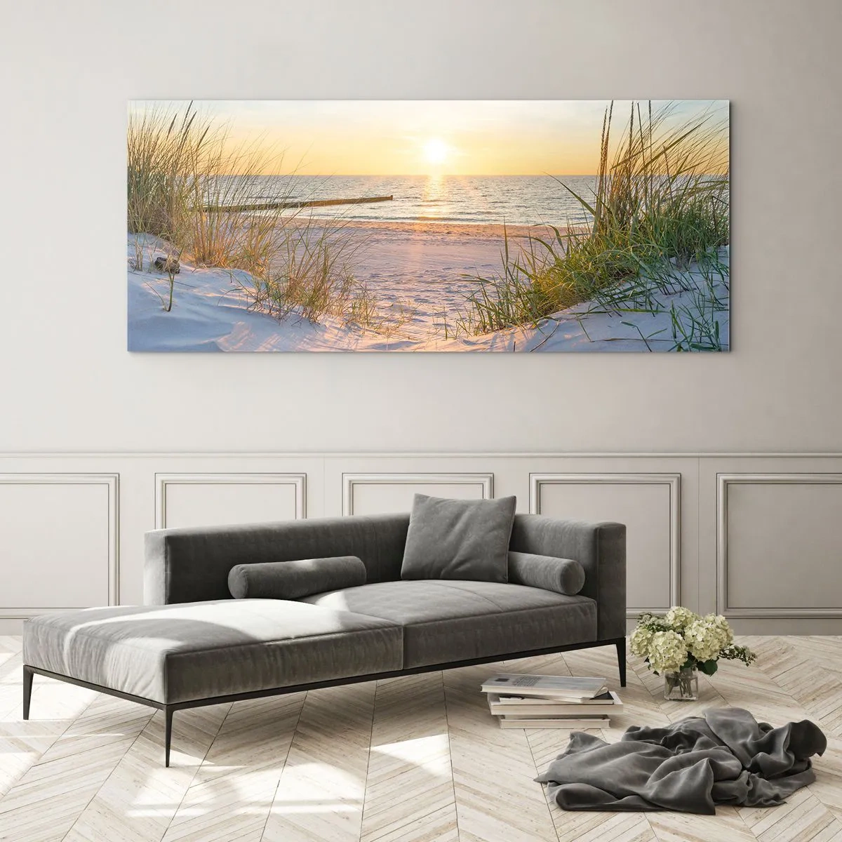 Glastavla - Bild på glas - Havets brus, fågelsång, tom strand bland träden - 100x40 cm