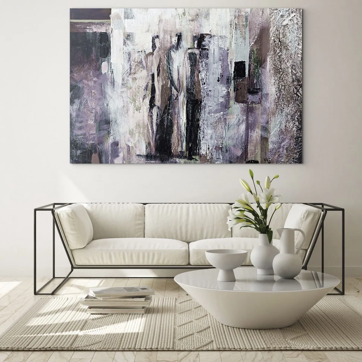 Glastavla - Bild på glas - Abstrakta silhuetter av figurer mot en texturerad färgbakgrund - 70x50cm - De mystiska tre - Modern väggdekoration för vardagsrum och sovrum ARTTOR