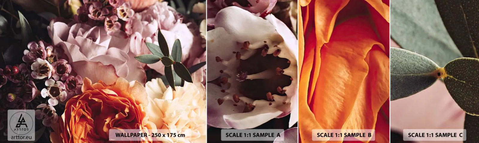 Provbit av självhäftande fototapet Deluxe Sticker - Omgärdade av skönhet - Blommor, Blombukett, Reste sig - 100x30 cm