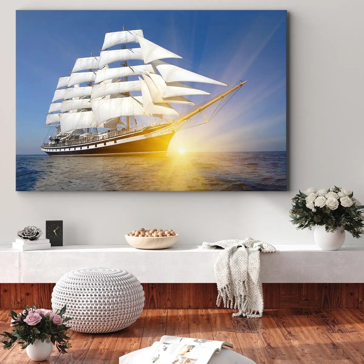 Canvastavla - Bild på duk - Ett segelfartyg till sjöss i ljuset av den nedgående solen - 70x50cm - Deras tid blir aldrig förbi - Modern väggdekoration för vardagsrum och sovrum ARTTOR