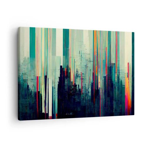 Canvastavla - Bild på duk - Abstraktion med vertikala linjer och en stadssilhuett - 70x50cm - Futuristisk stad - Modern väggdekoration för vardagsrum och sovrum ARTTOR