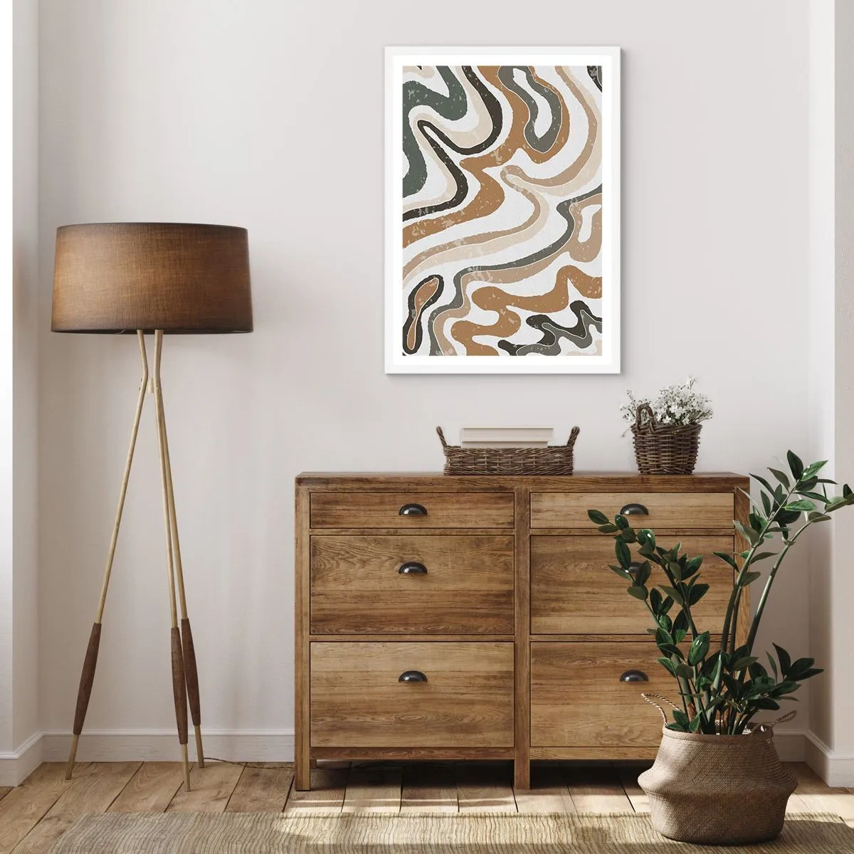 Affisch i vit ram - Meandrar av jordnära färger - 70x100 cm