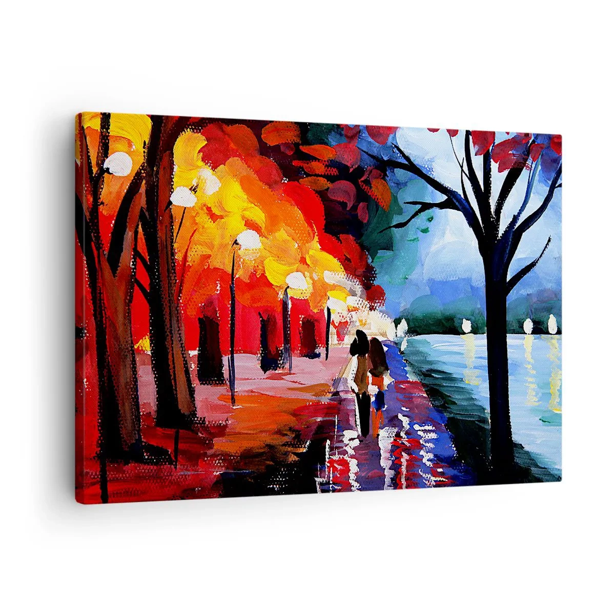 Canvastavla - Bild på duk - En höstpromenad längs stigen med utsikt över vattnet - 70x50cm - Brinnande höst i parken - Modern väggdekoration för vardagsrum och sovrum ARTTOR