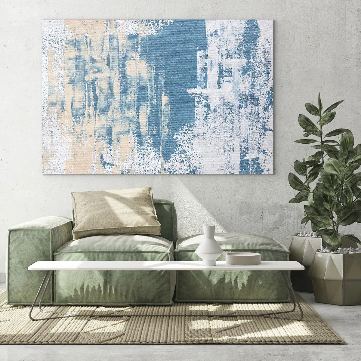 Glastavla - Bild på glas - Abstraktion i blått och beige med penselstruktur - 70x50cm - Genom istapp - Modern väggdekoration för vardagsrum och sovrum ARTTOR