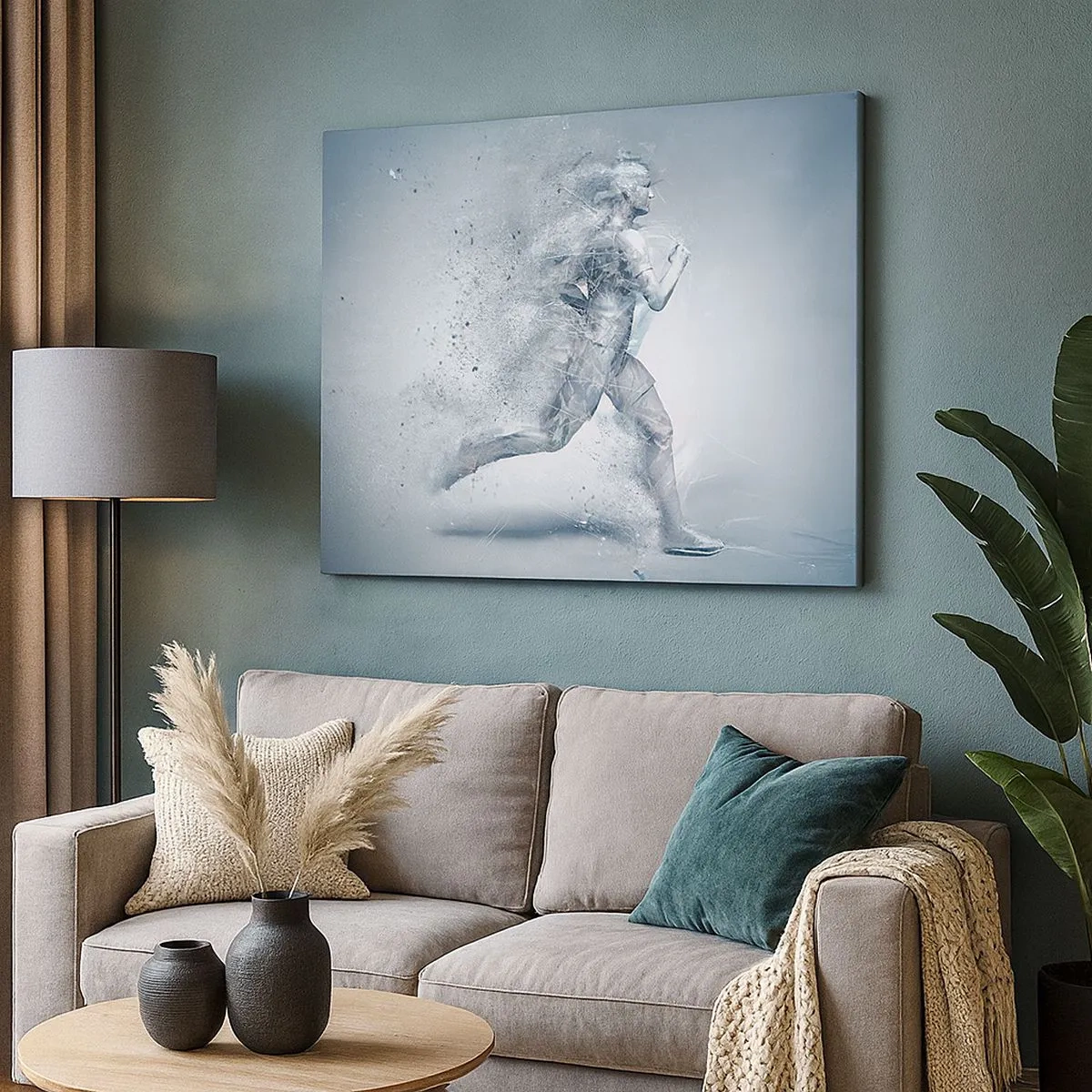 Canvastavla - Bild på duk - En dynamisk figur som springer i en abstrakt stil - 70x50cm - Kristallren energi - Modern väggdekoration för vardagsrum och sovrum ARTTOR