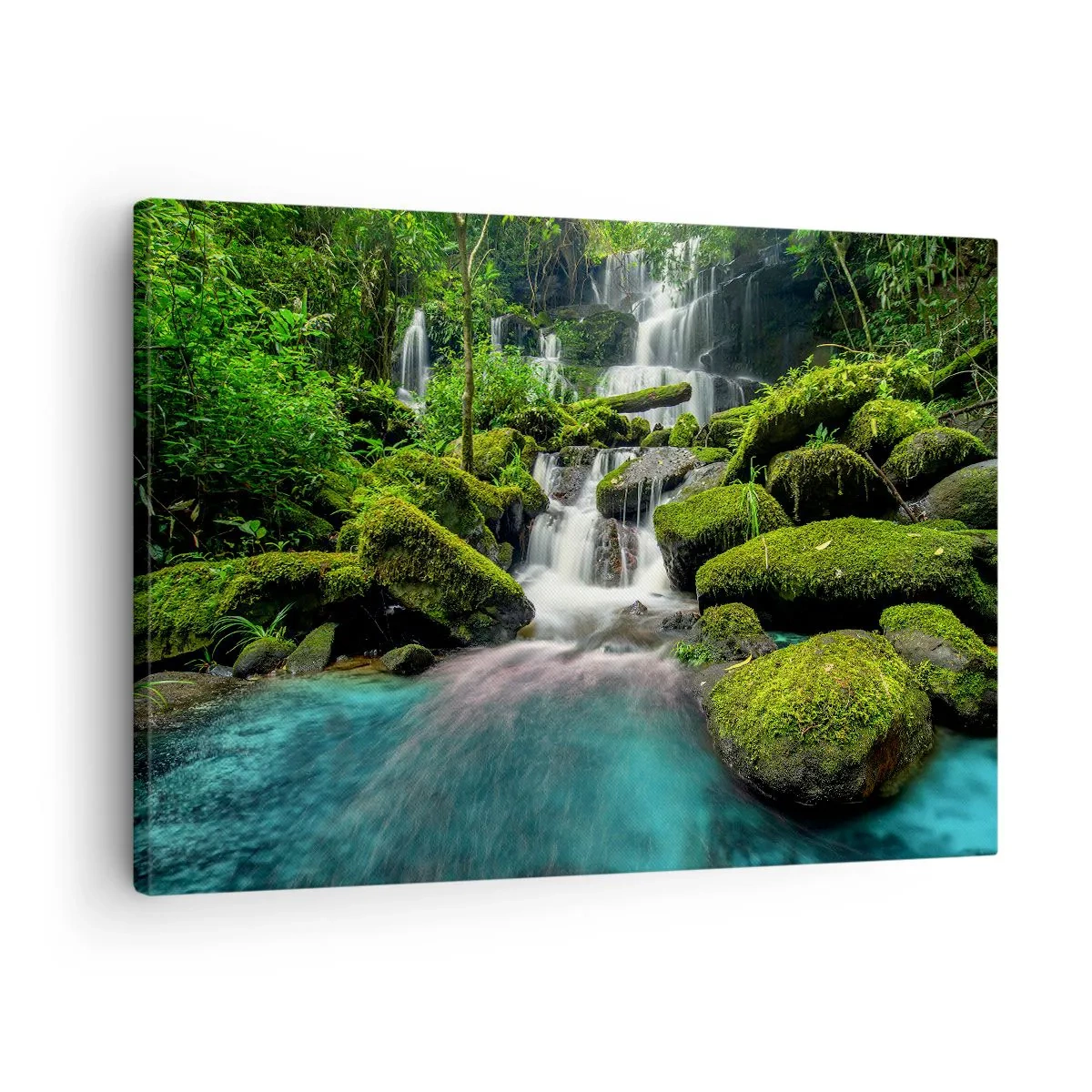 Canvastavla - Bild på duk - Ett tropiskt vattenfall omgivet av grönska och turkost vatten - 70x50cm - Turkos, safir och flytande silver - Modern väggdekoration för vardagsrum och sovrum ARTTOR