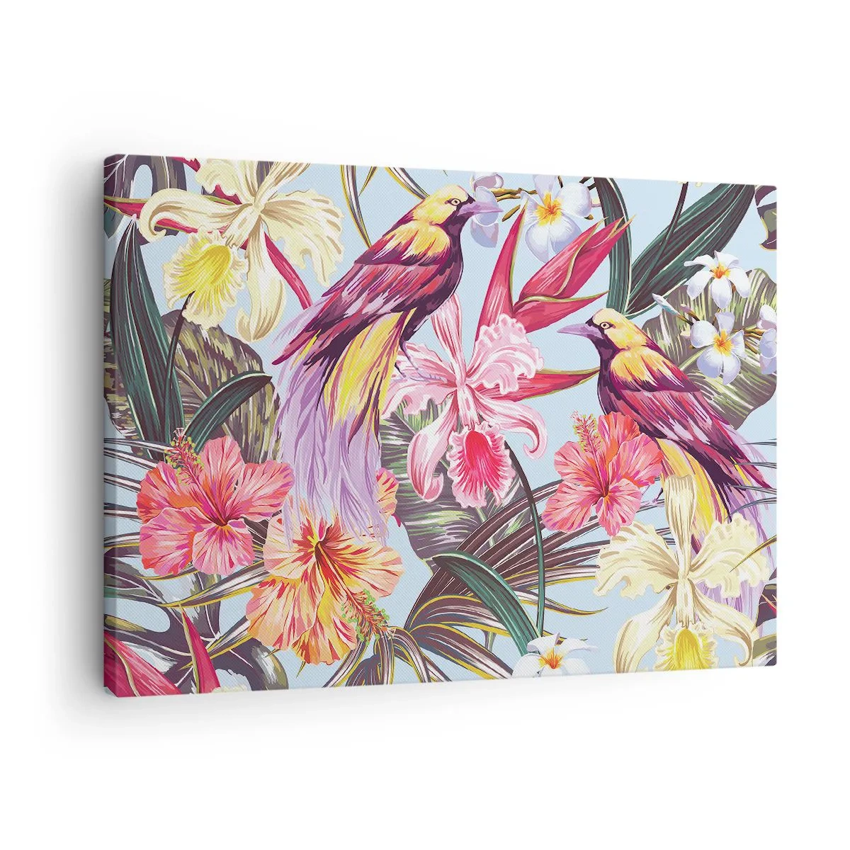Canvastavla - Bild på duk - Exotiska fåglar bland tropiska blommor - 70x50cm - Flingor och fjädrar - Modern väggdekoration för vardagsrum och sovrum ARTTOR
