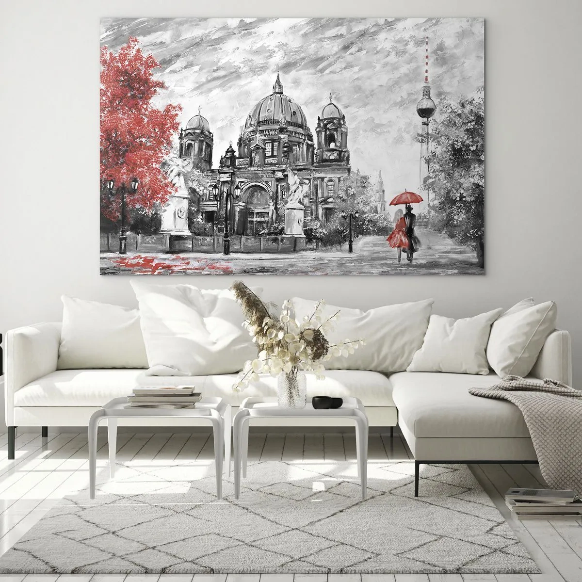 Glastavla - Bild på glas - Berlinkatedralen med röd accent i monokromatiska toner - 70x50cm - Ett möte i Berlin - Modern väggdekoration för vardagsrum och sovrum ARTTOR
