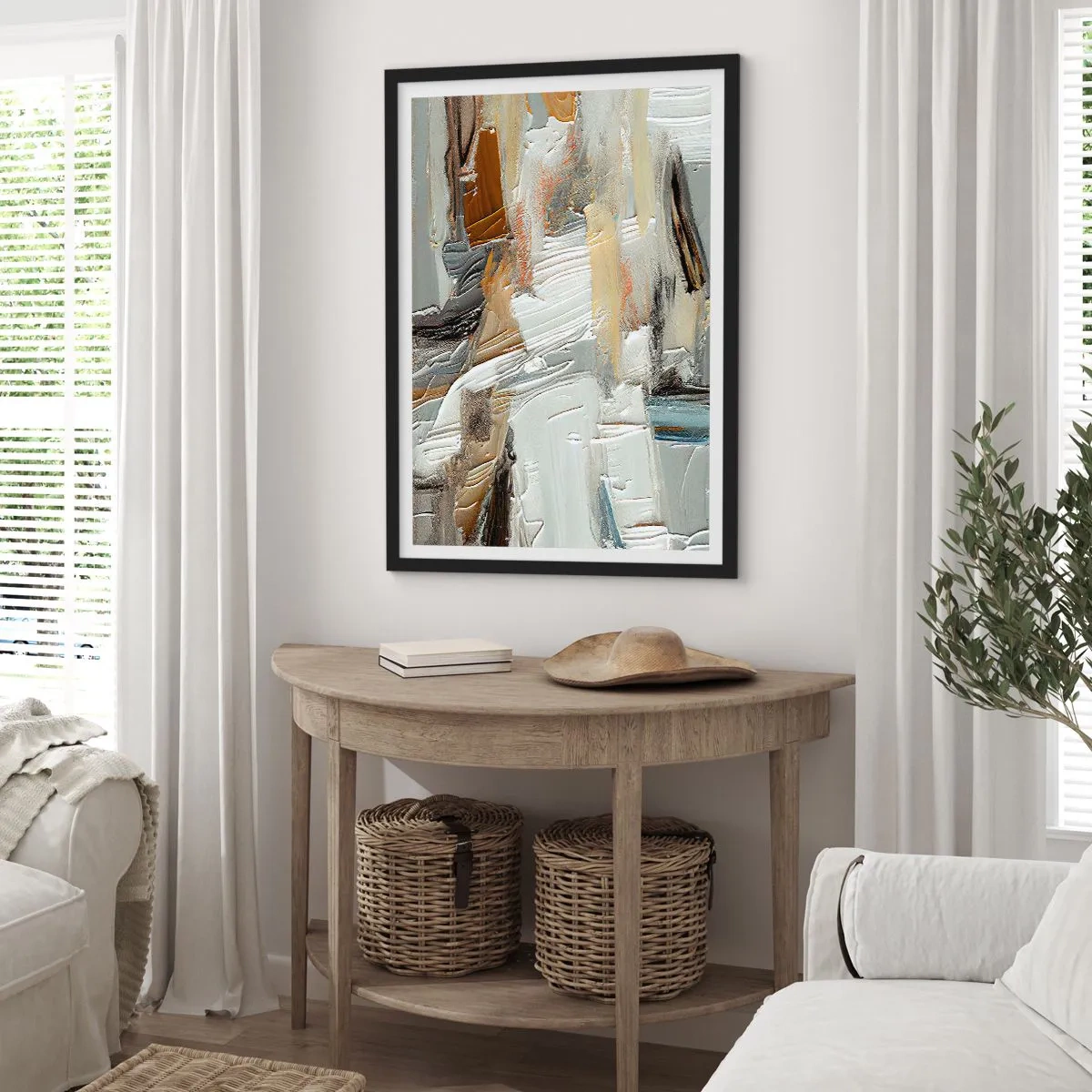 Affisch i svart ram - Textural abstraktion i neutrala nyanser - 50x70cm - Färgstarka lager på lager - Modern väggdekoration för vardagsrum och sovrum ARTTOR