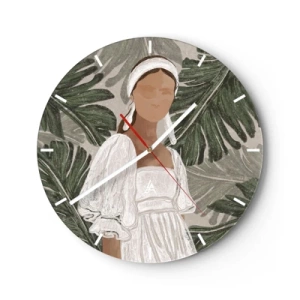 Väggklocka - Klocka på glas - Stiliserat porträtt av en kvinna mot en bakgrund av tropiska löv. - 30x30cm - Exotiskt porträtt - Modern väggdekoration för vardagsrum, kök och sovrum ARTTOR