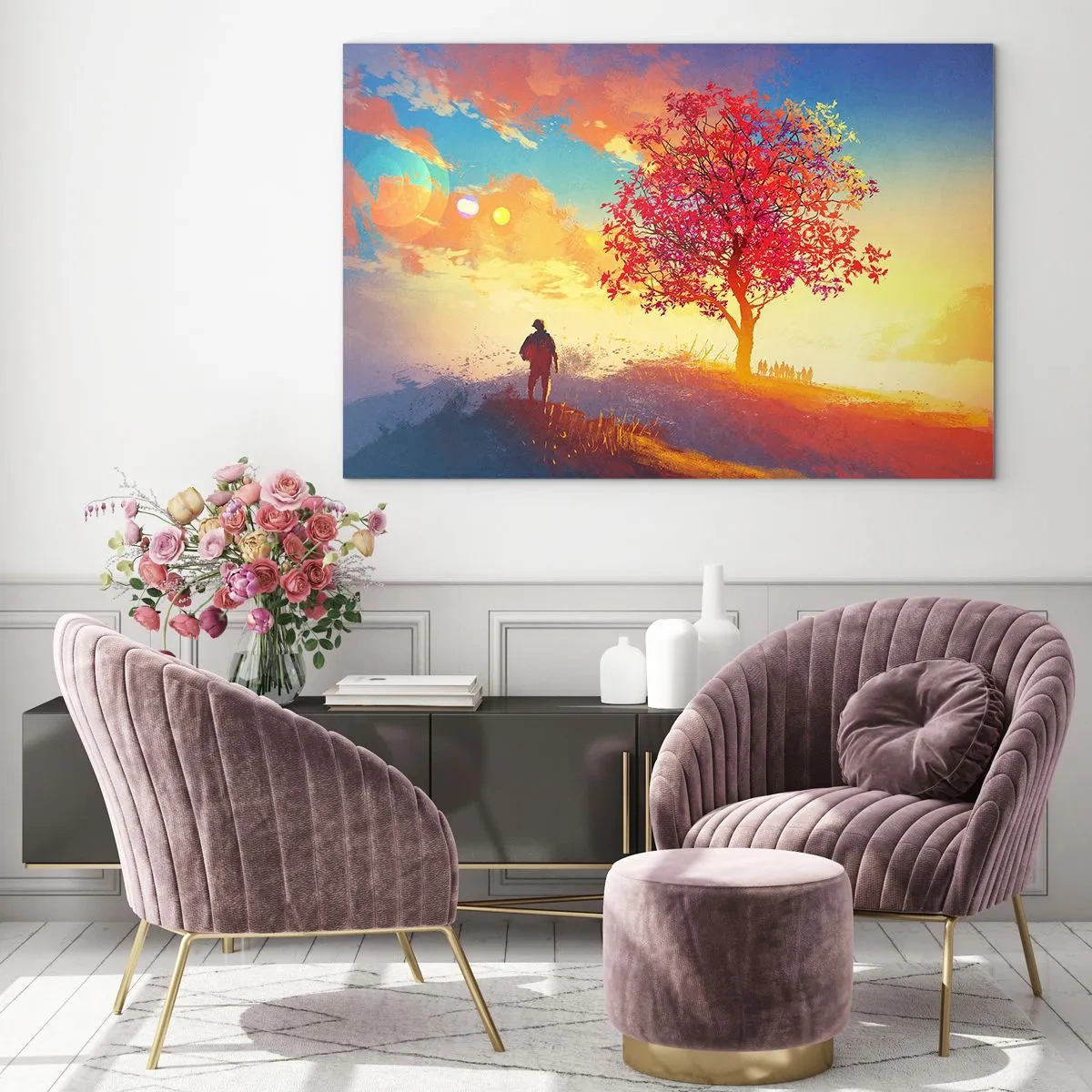 Glastavla - Bild på glas - En figur mot bakgrund av en färgglad himmel och ett träd i varma färger - 70x50cm - Pilgrim i målet - Modern väggdekoration för vardagsrum och sovrum ARTTOR