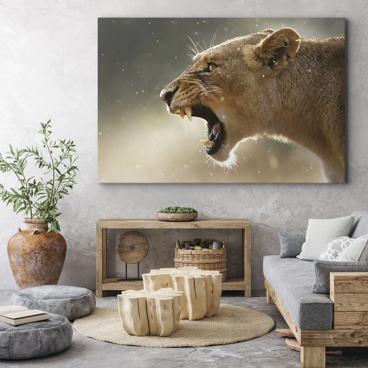 Canvastavla - Bild på duk - Porträtt av en rytande lejoninna i naturligt ljus - 70x50cm - Försök att inte lyssna - Modern väggdekoration för vardagsrum och sovrum ARTTOR