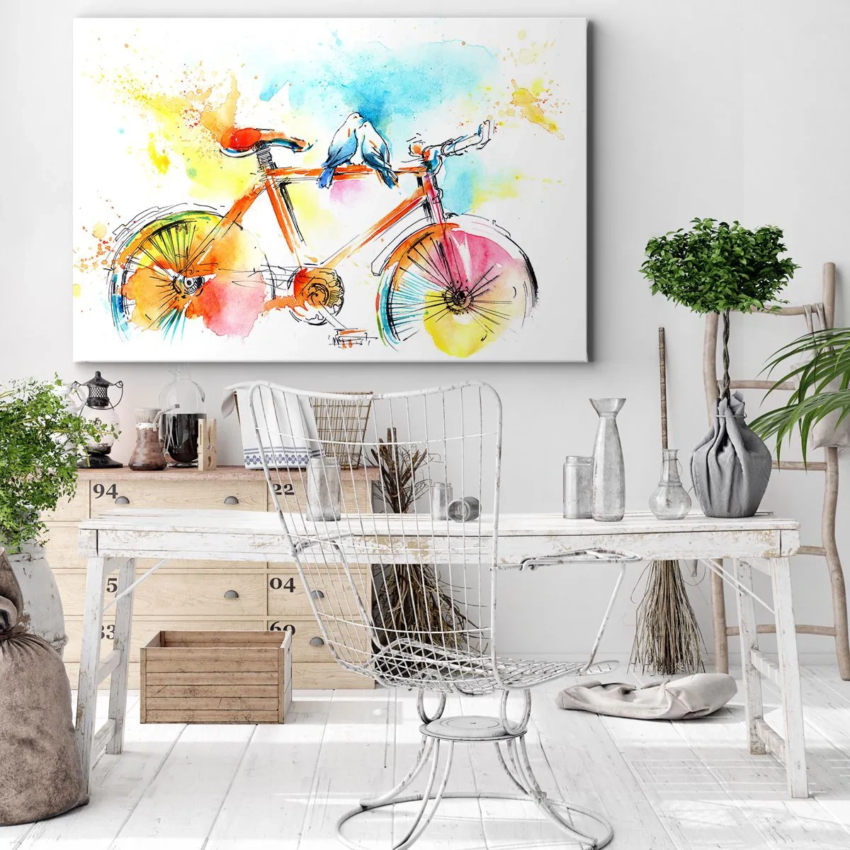 Canvastavla - Bild på duk - Färgglad akvarellmålning av en cykel med fåglar som sitter på den - 70x50cm - Två på cykel - Modern väggdekoration för vardagsrum och sovrum ARTTOR