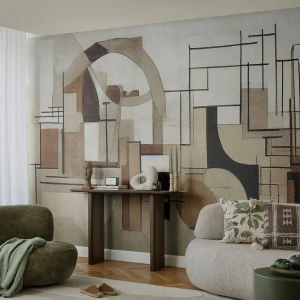 Fototapet Standard Eco - En kubistisk vision av staden i nyanser av beige och brunt - 100x70cm - Stadsbild 2.0 - Modern väggdekoration för vardagsrum och sovrum ARTTOR