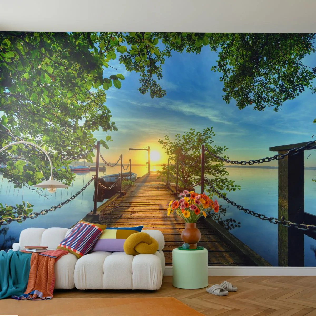 Självhäftande Fototapet Deluxe Sticker - Solnedgång vid vatten - Landskap, Sjö, Segelbåt - 250x175 cm