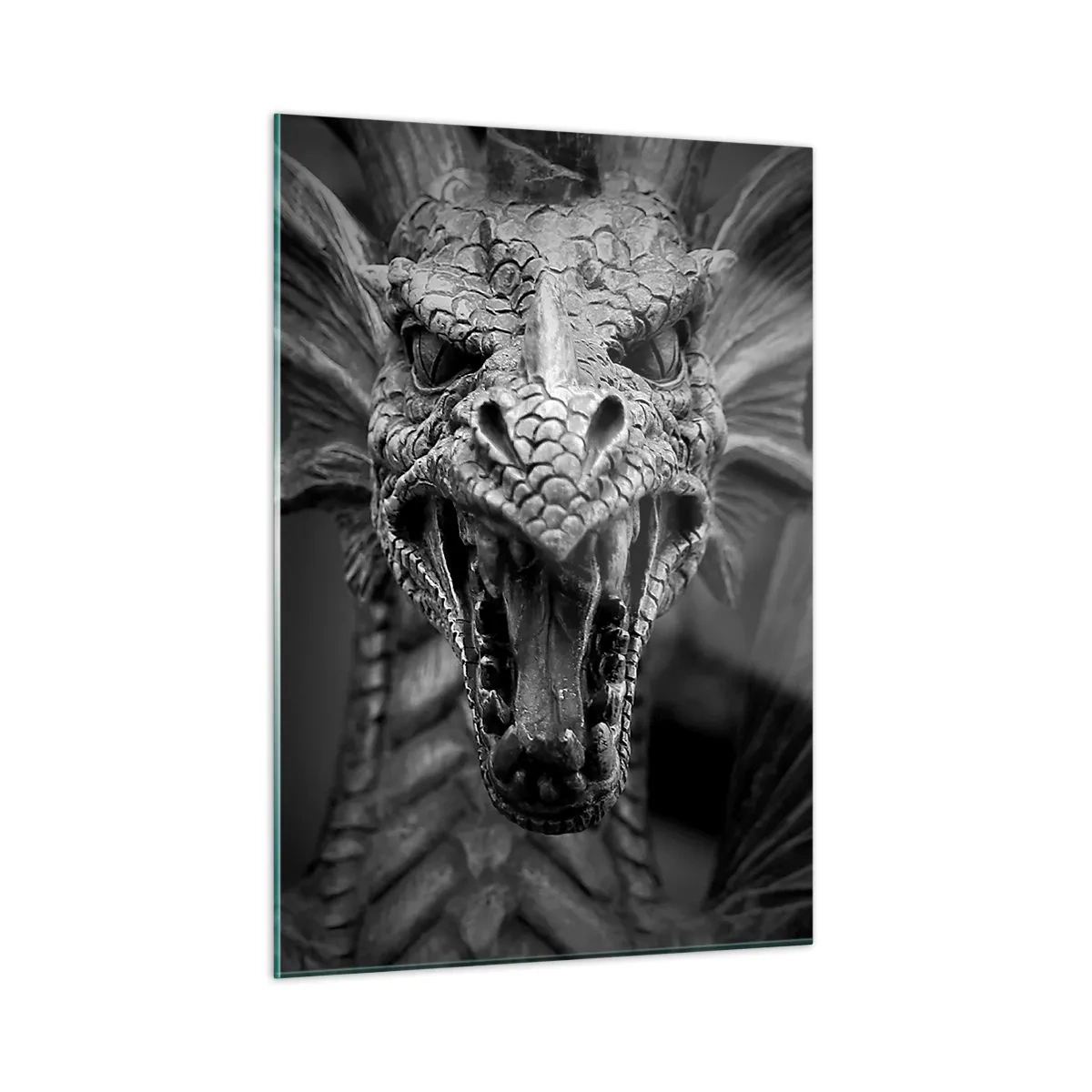 Glastavla - Bild på glas - En sagodrake i grånyans - 50x70 cm