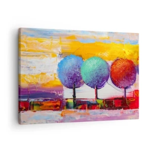Canvastavla - Bild på duk - Tre färgglada träd på en abstrakt bakgrund - 70x50cm - Tredje gången gillt - Modern väggdekoration för vardagsrum och sovrum ARTTOR