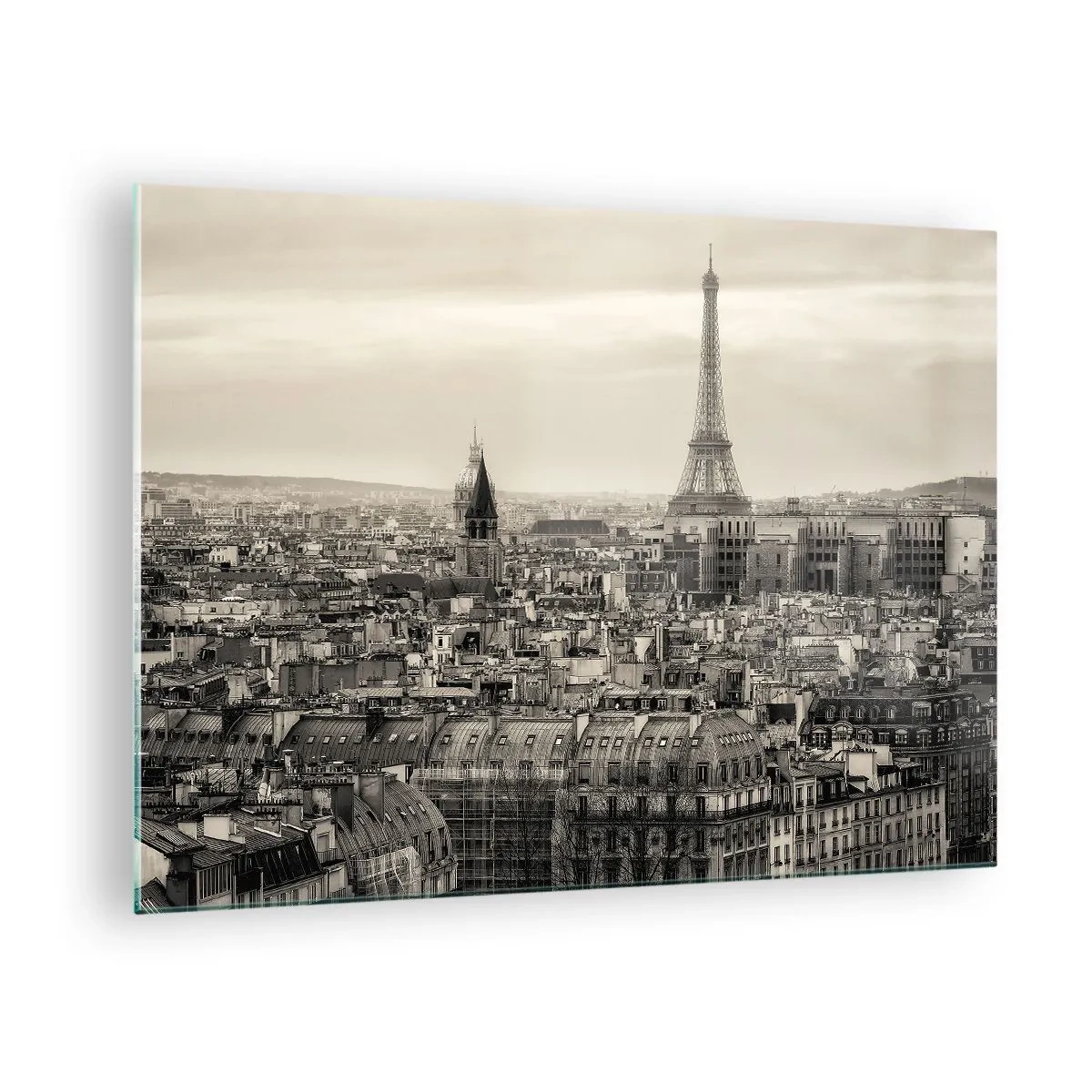 Glastavla - Bild på glas - Ett panorama över Paris med utsikt över Eiffeltornet i sepiatoner - 70x50cm - Över Paris tak - Modern väggdekoration för vardagsrum och sovrum ARTTOR