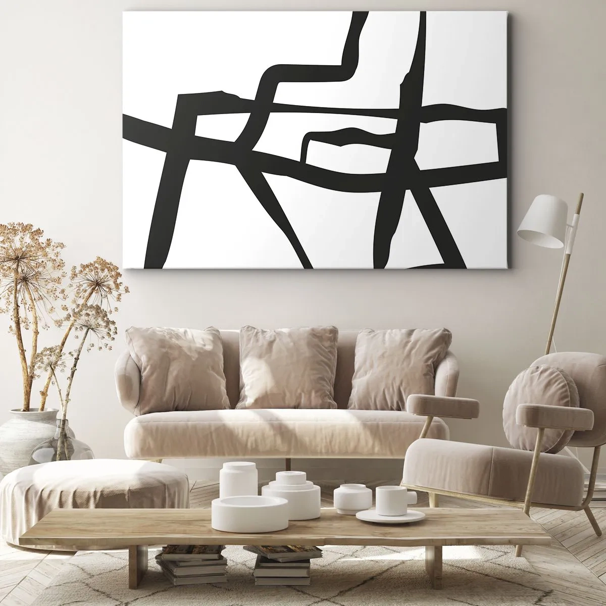 Canvastavla - Bild på duk - Minimalistiskt svartvitt mönster med geometriska linjer - 70x50cm - Svartvit konstruktion - Modern väggdekoration för vardagsrum och sovrum ARTTOR