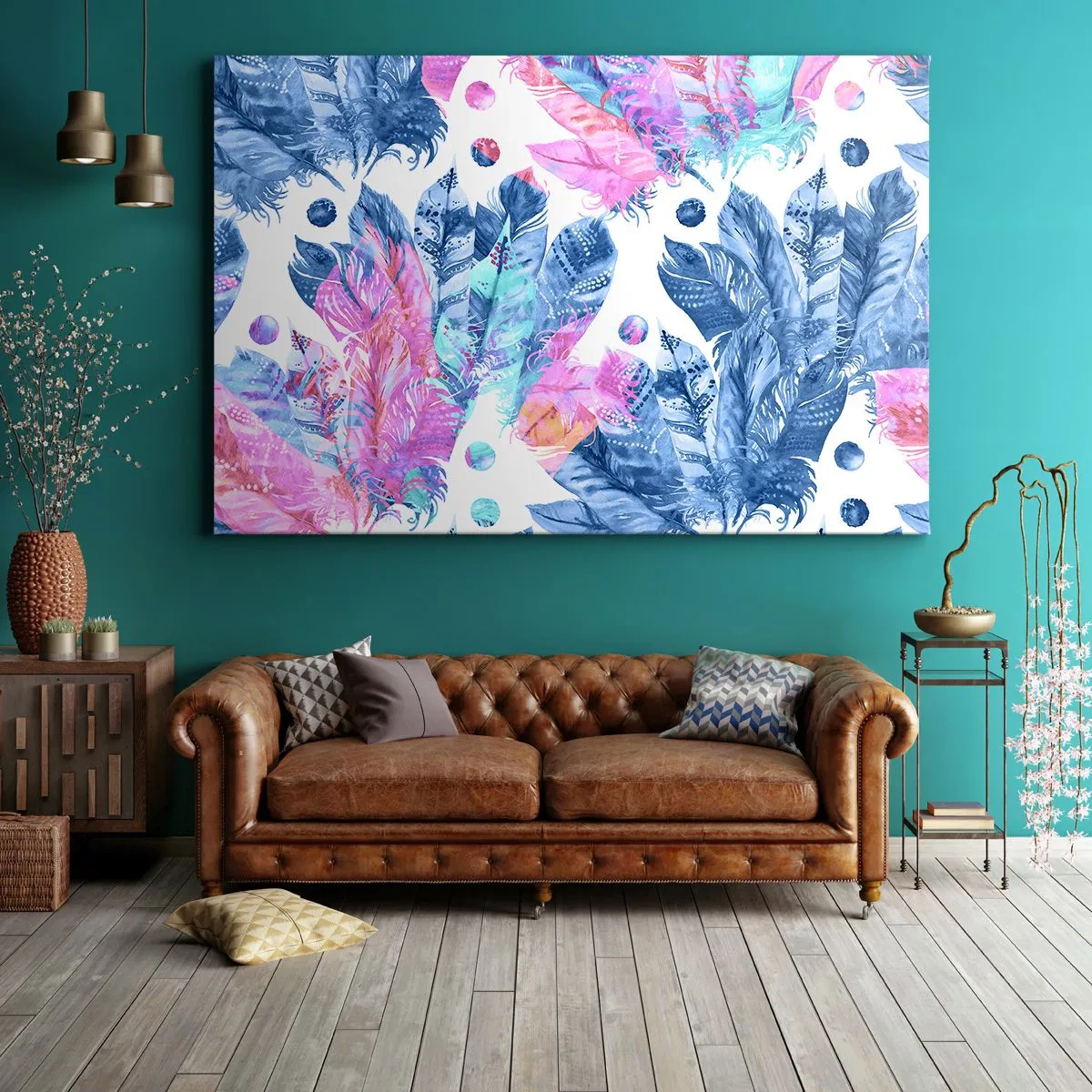 Canvastavla - Bild på duk - Abstrakt mönster med färgglada fjädrar i pastellnyanser - 70x50cm - Fjädrar i vitt och blått - Modern väggdekoration för vardagsrum och sovrum ARTTOR