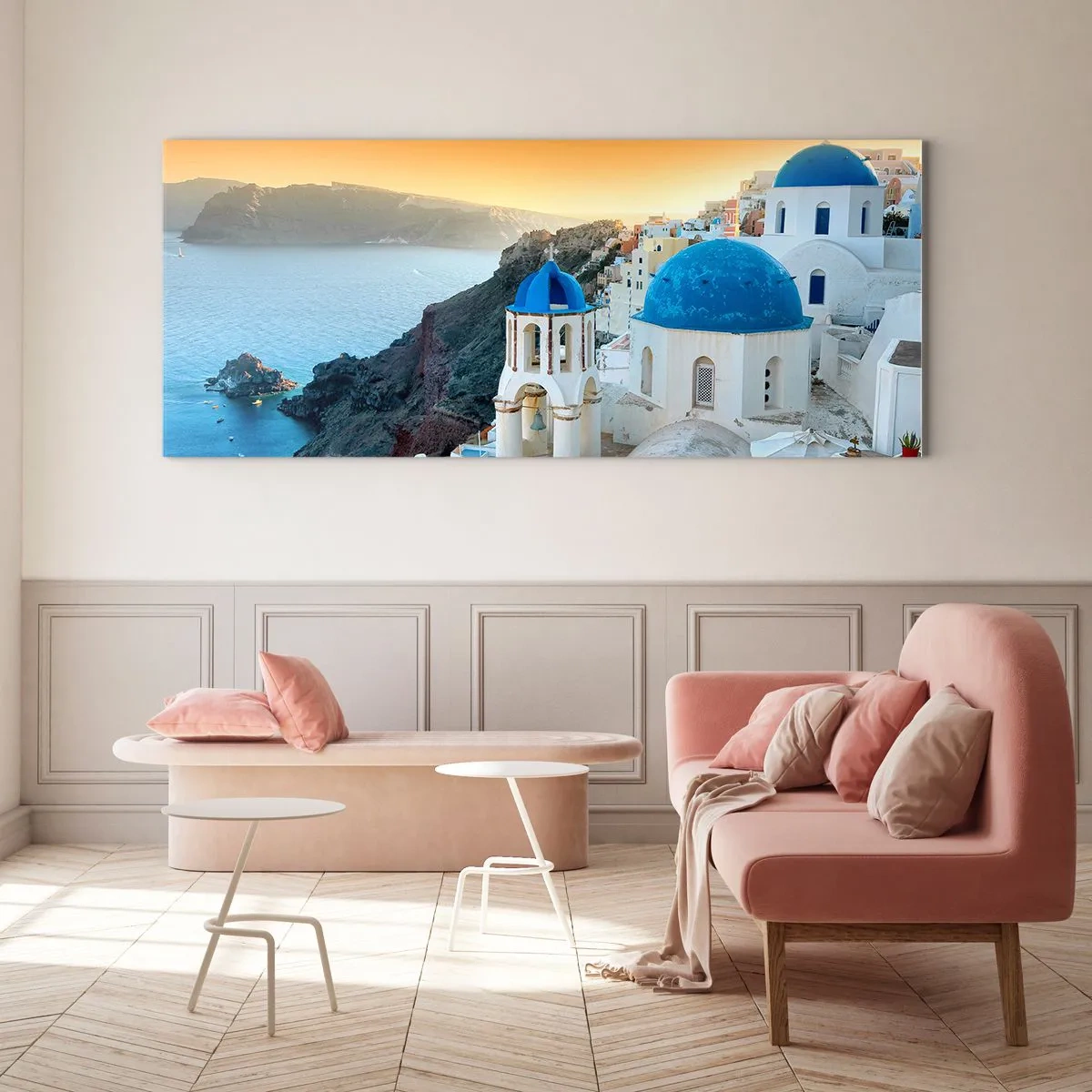 Glastavla - Bild på glas - Santorini - inbäddat i berg - 120x50 cm