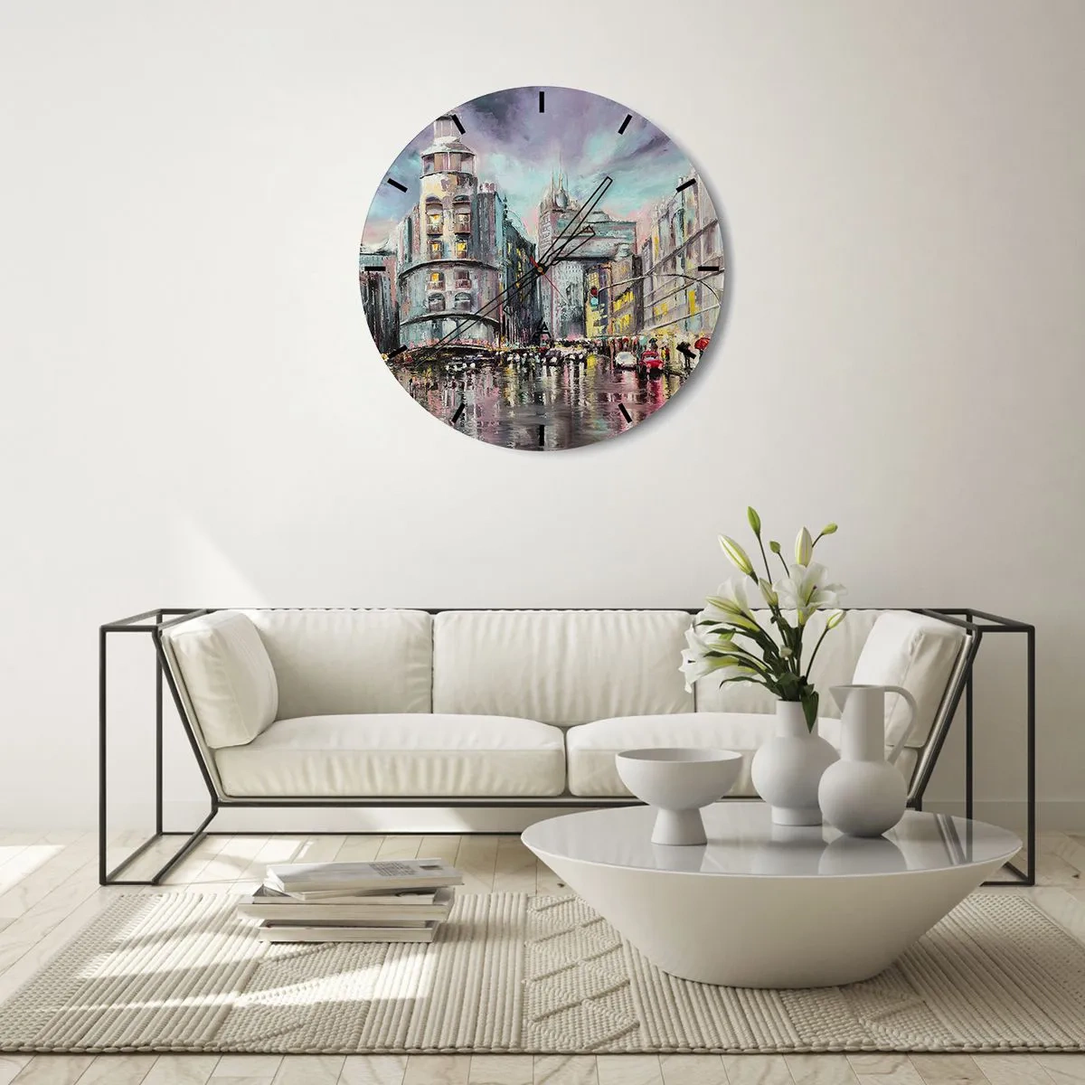 Väggklocka - Klocka på glas - Stadsgata på natten i regnet med reflektioner av ljus - 30x30cm - Det blir en lyckad kväll - Modern väggdekoration för vardagsrum, kök och sovrum ARTTOR