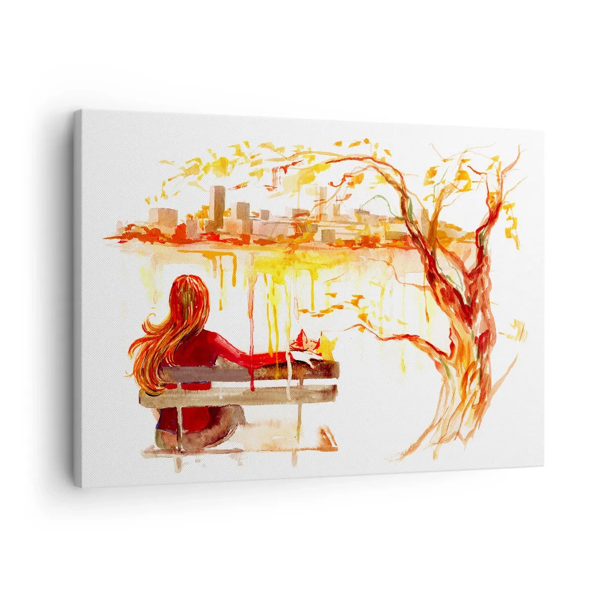 Canvastavla - Bild på duk - Akvarellmotiv av en kvinna på en bänk med utsikt över staden - 70x50cm - En stund för eftertanke - Modern väggdekoration för vardagsrum och sovrum ARTTOR