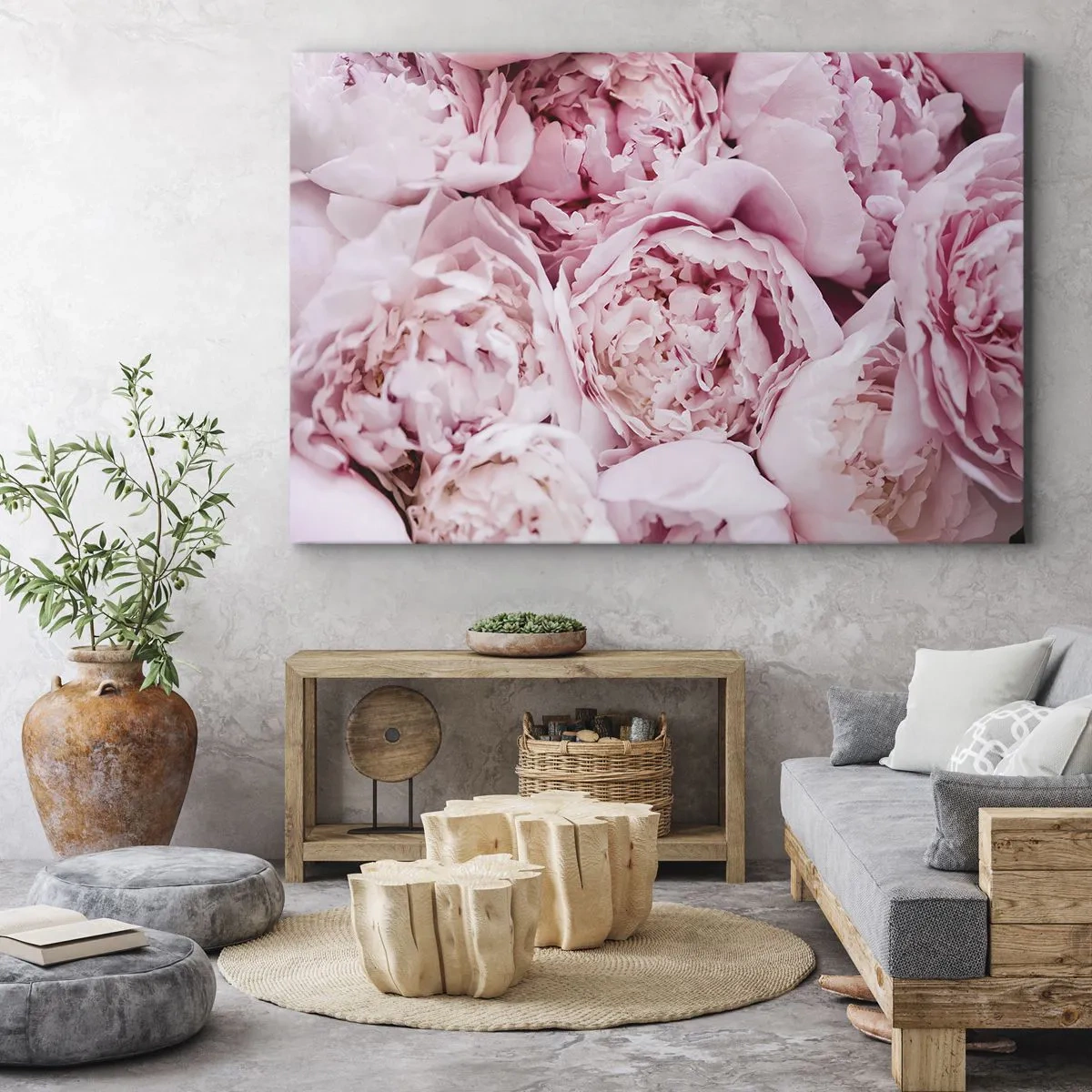 Canvastavla - Bild på duk - En närbild av en bukett rosa pioner - 70x50cm - Hopklämda och doftande - Modern väggdekoration för vardagsrum och sovrum ARTTOR
