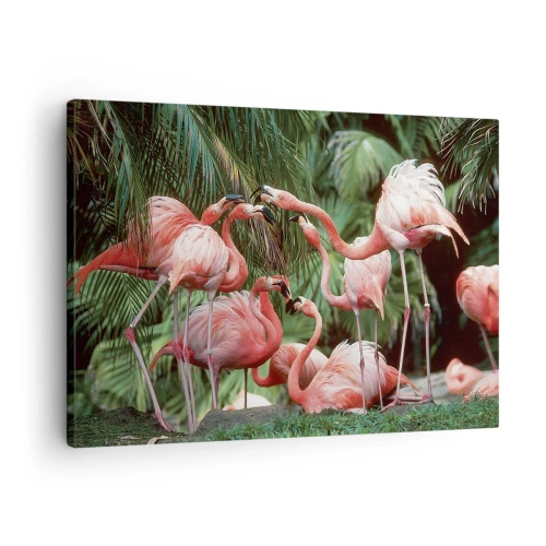 Canvastavla - Bild på duk - En grupp flamingos i en tropisk miljö omgiven av palmer - 70x50cm - Eftermiddags skvaller - Modern väggdekoration för vardagsrum och sovrum ARTTOR