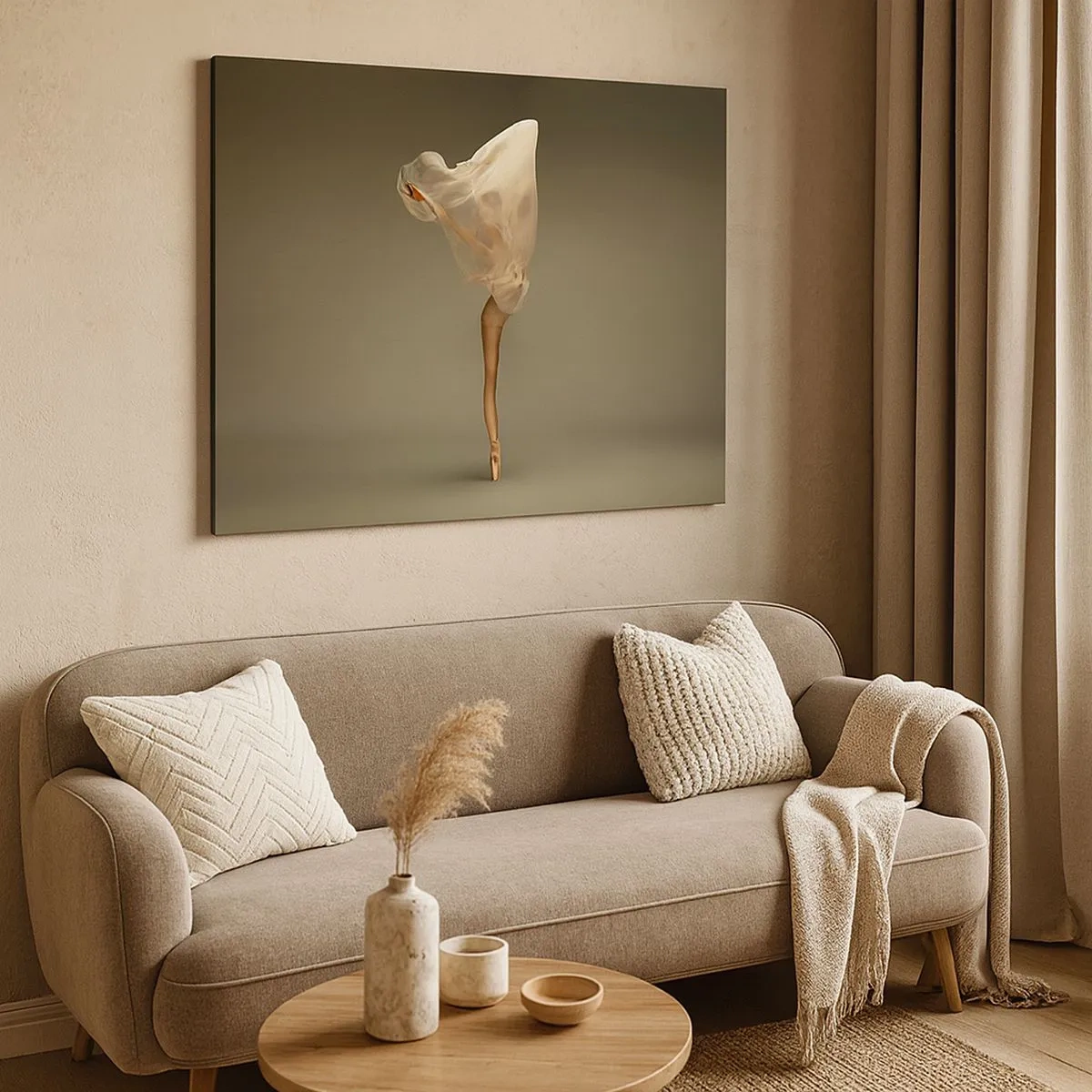 Canvastavla - Bild på duk - En dansare som svävar i luften med tyg - 70x50cm - Den lyfter snart - Modern väggdekoration för vardagsrum och sovrum ARTTOR