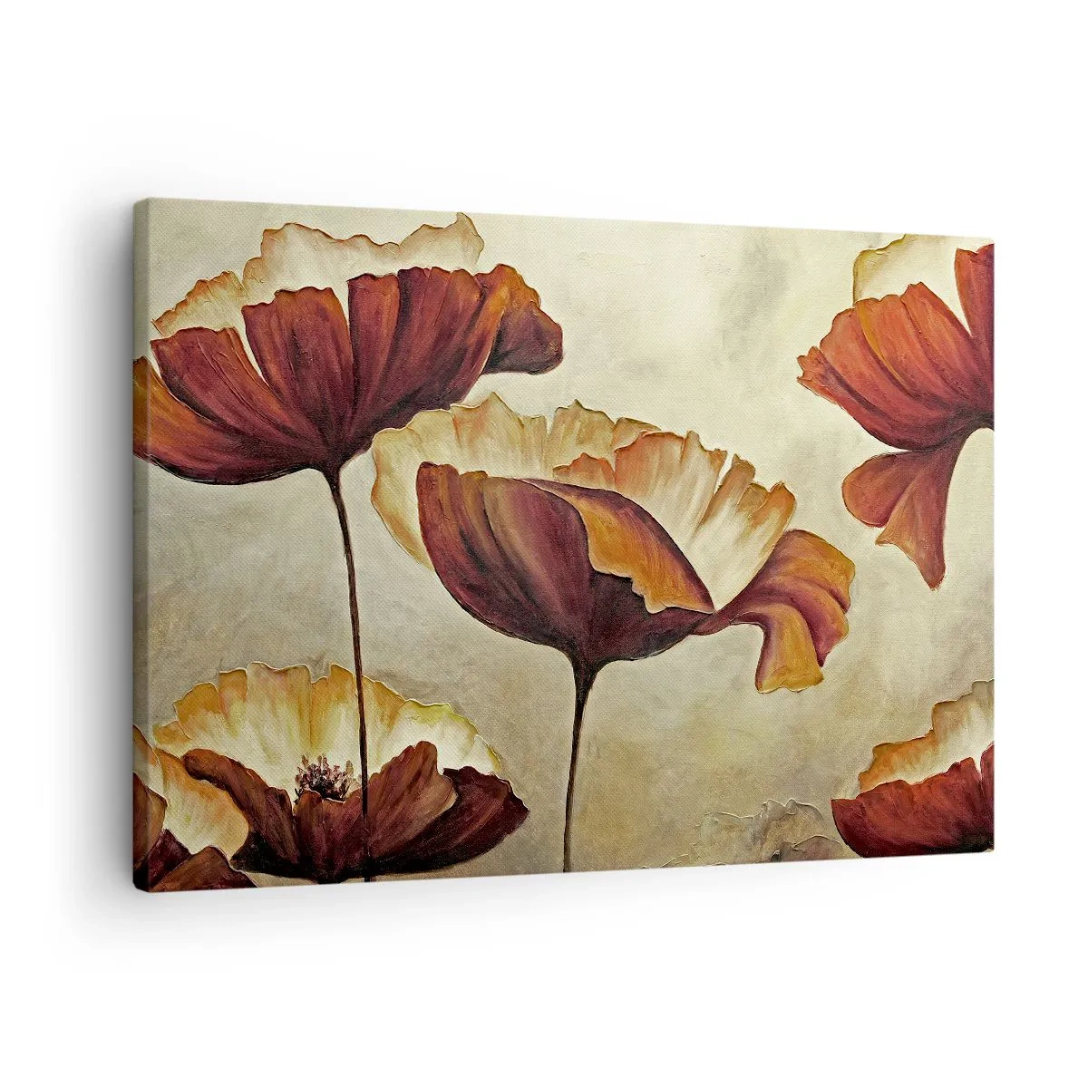 Canvastavla - Bild på duk - Subtila blommor i nyanser av rött och guld mot en ljus bakgrund - 70x50cm - Ängsblommor - Modern väggdekoration för vardagsrum och sovrum ARTTOR