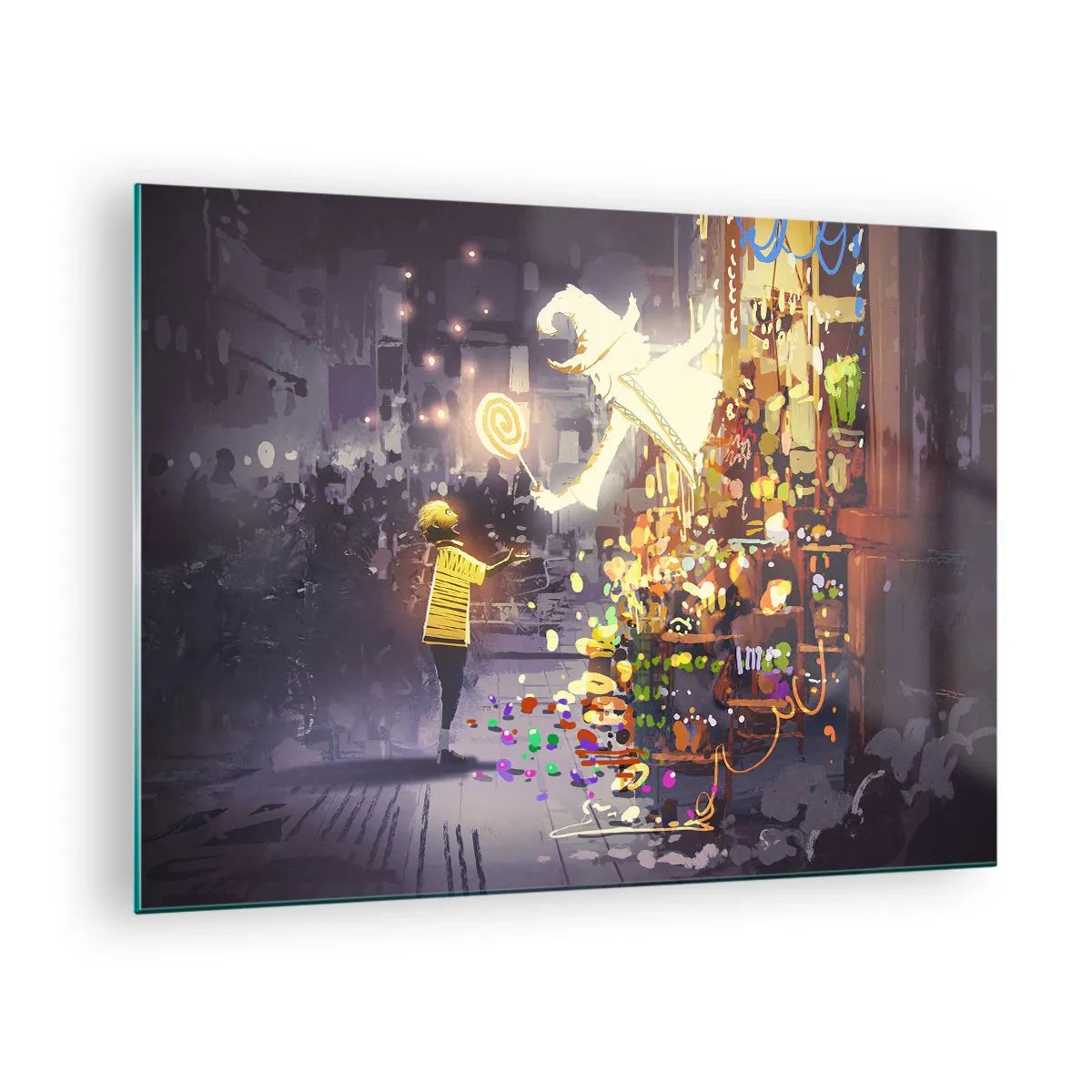 Glastavla - Bild på glas - Ett barn i en ljus T-shirt vid ett ljust stånd fullt av färgglada sötsaker - 70x50cm - Trolldom existerar - Modern väggdekoration för vardagsrum och sovrum ARTTOR
