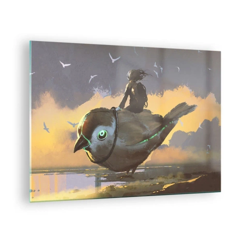 Glastavla - Bild på glas - En figur på en jättefågel i ljuset av den nedgående solen - 70x50cm - Rast under en fantastisk resa - Modern väggdekoration för vardagsrum och sovrum ARTTOR