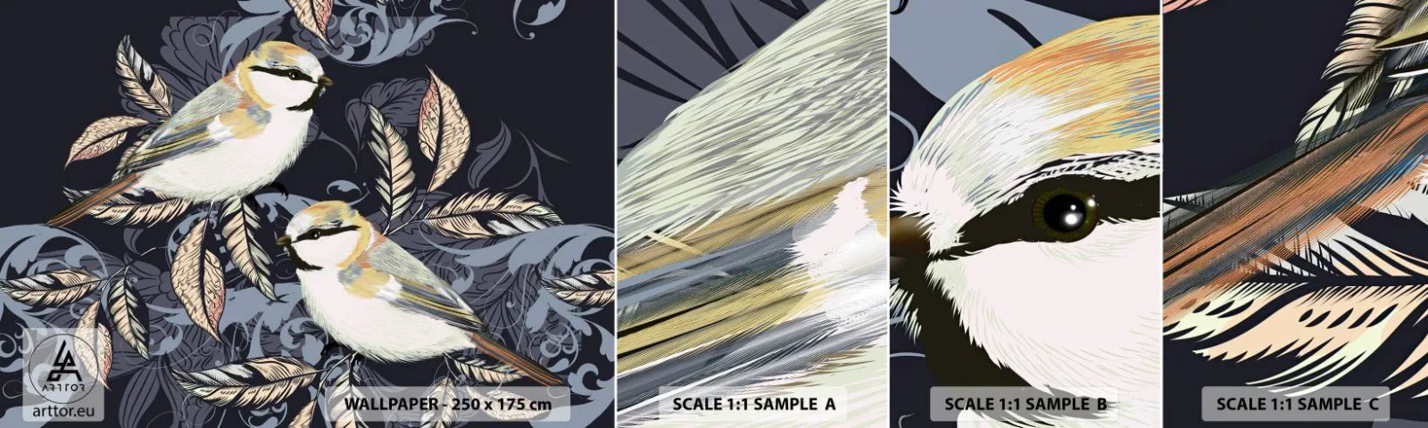 Provbit av självhäftande fototapet Deluxe Sticker - Gul-grå fågelsång - Abstraktion, Fåglar, Löv - 100x30 cm