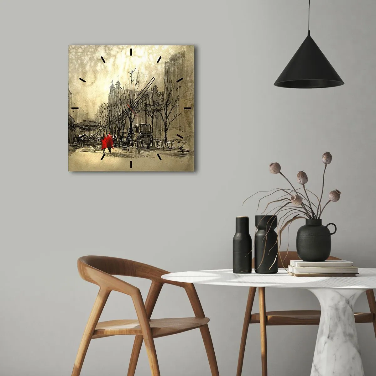 Väggklocka - Klocka på glas - Träff i London-dimman  - 40x40 cm