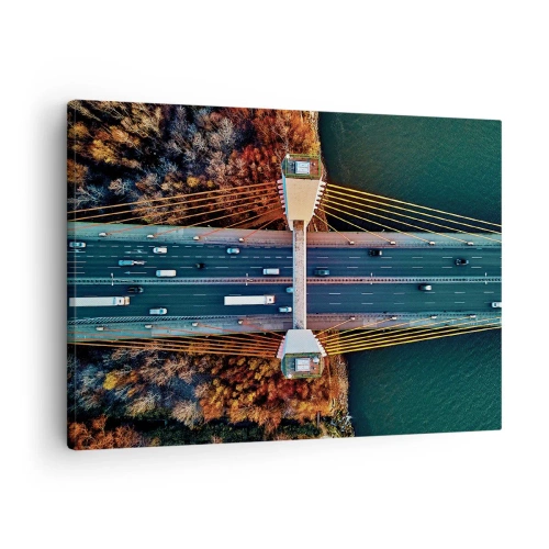 Canvastavla - Bild på duk - Flygfoto över bron över floden och höstlandskapet - 70x50cm - Bortom vatten, bortom skog - Modern väggdekoration för vardagsrum och sovrum ARTTOR