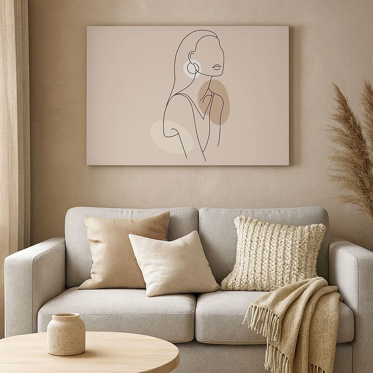 Canvastavla - Bild på duk - Minimalistisk illustration av en kvinna med konturer mot en beige bakgrund - 70x50cm - Flickaktighetens ikon - Modern väggdekoration för vardagsrum och sovrum ARTTOR