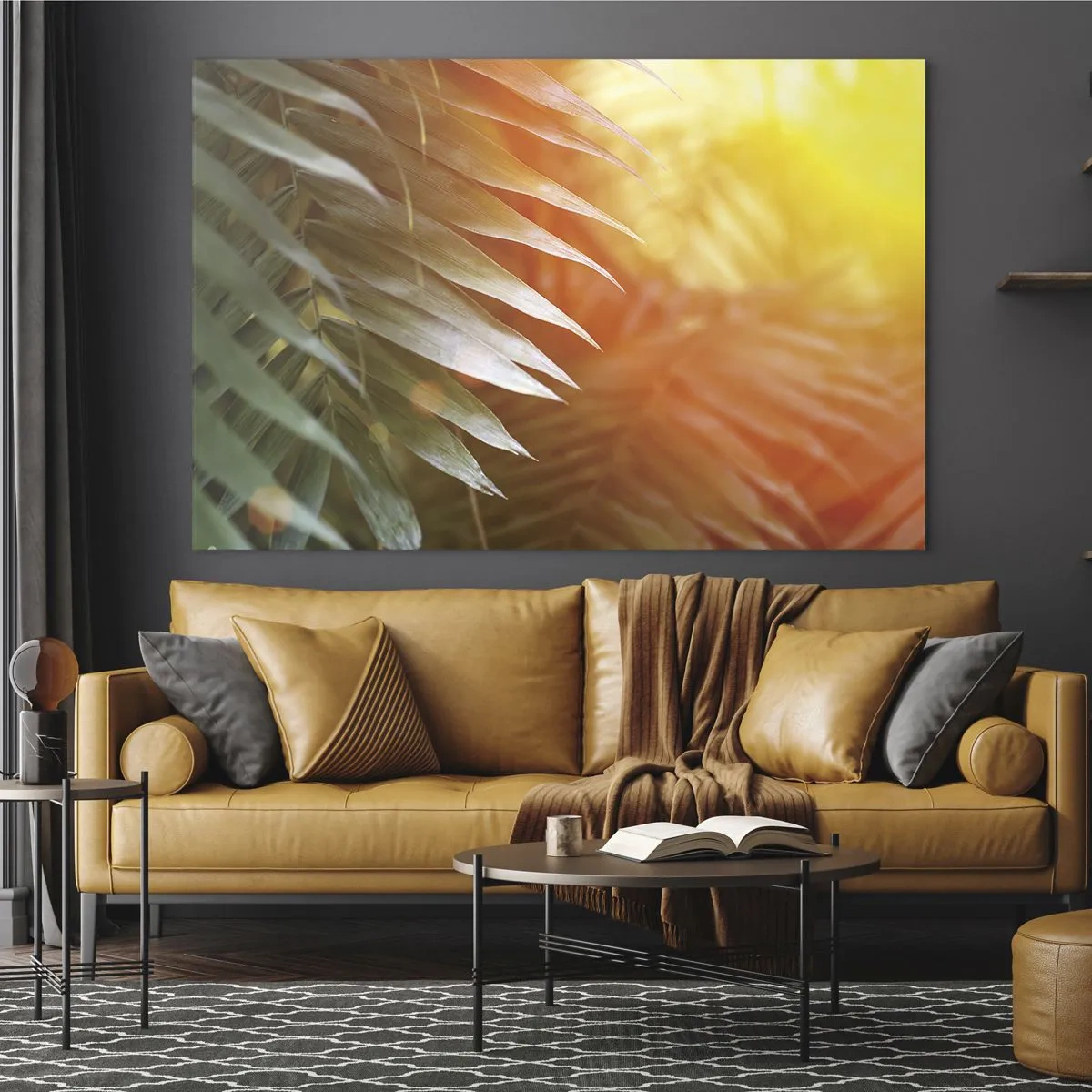 Glastavla - Bild på glas - Palmblad i morgonsolens sken i en tropisk miljö - 70x50cm - En morgon i djungeln - Modern väggdekoration för vardagsrum och sovrum ARTTOR