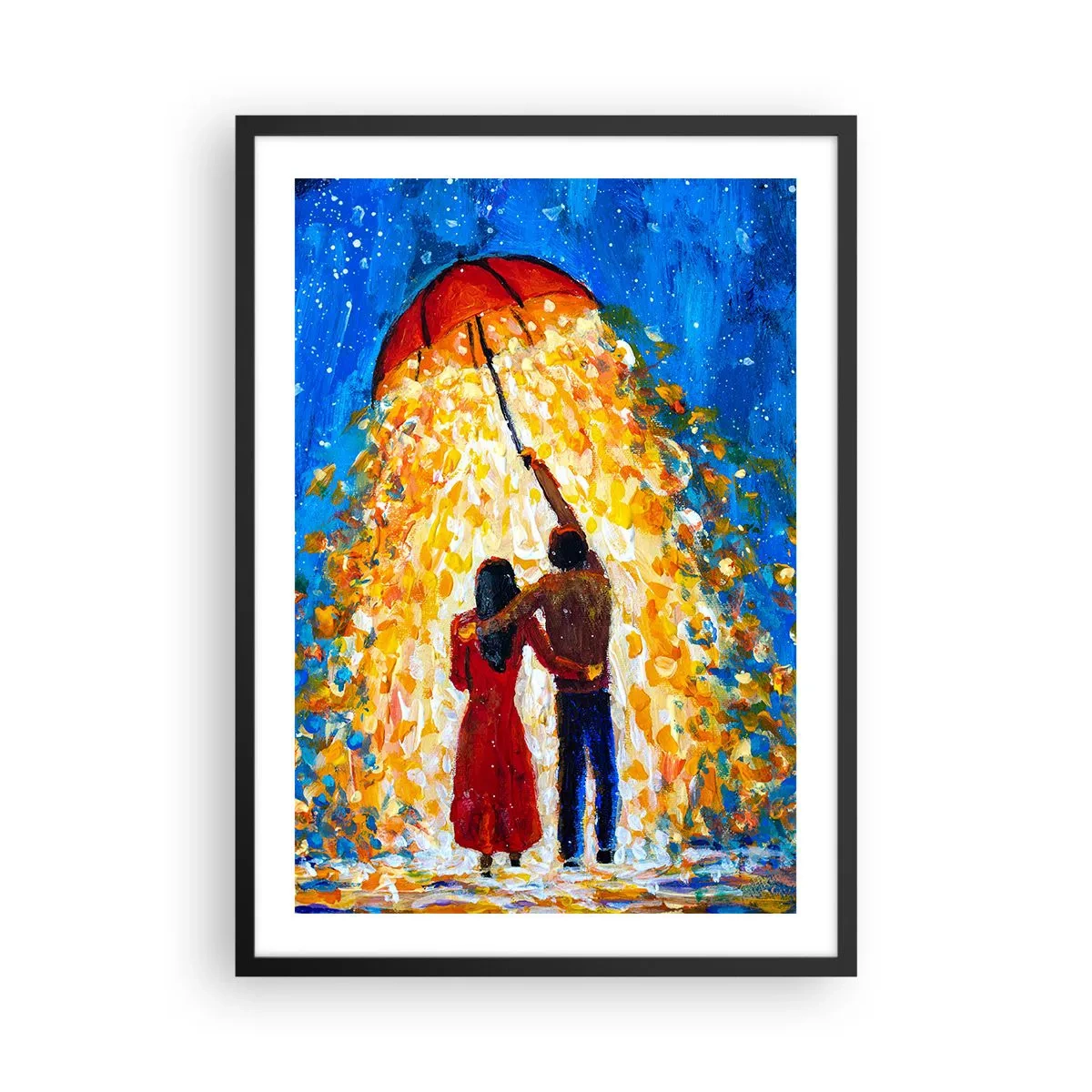 Affisch i svart ram - Ett romantiskt par under ett paraply fullt av ljus - 50x70cm - Magi på en regnig kväll? - Modern väggdekoration för vardagsrum och sovrum ARTTOR