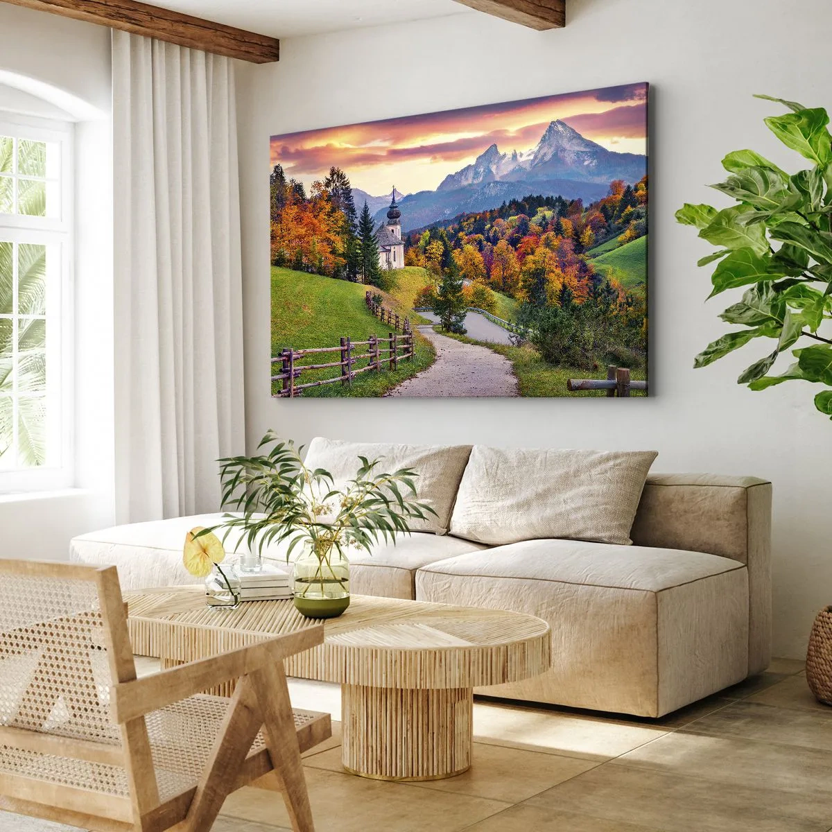 Canvastavla - Bild på duk - Höstbergslandskap med kapell och solnedgång - 70x50cm - Landskap som en målning - Modern väggdekoration för vardagsrum och sovrum ARTTOR