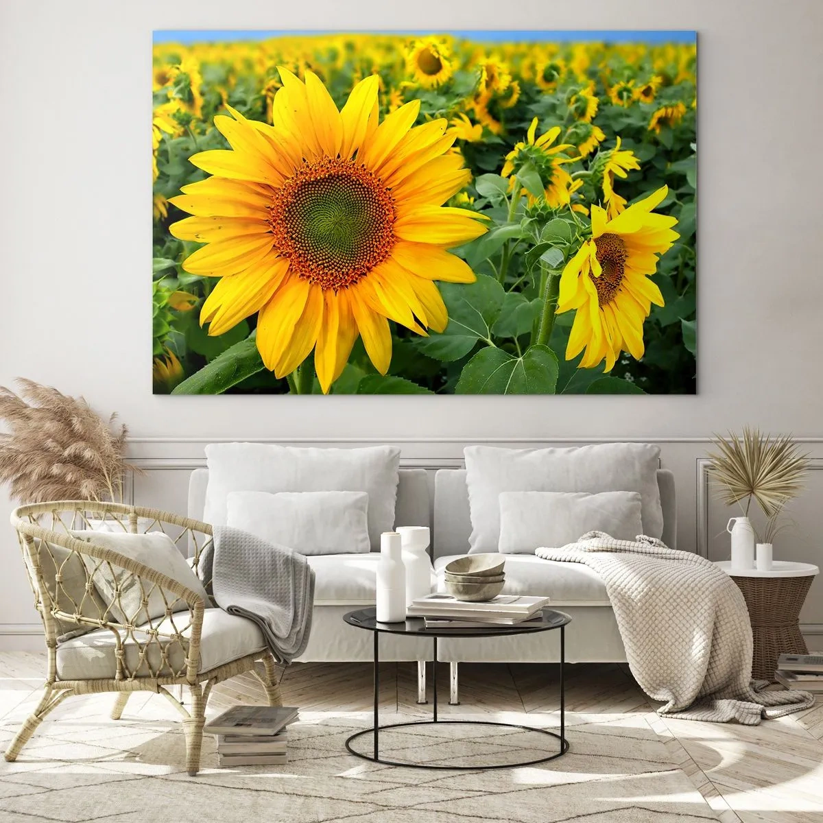 Glastavla - Bild på glas - Ett fält av solrosor i full blom under en blå himmel - 70x50cm - Hundratals brinnande solar - Modern väggdekoration för vardagsrum och sovrum ARTTOR