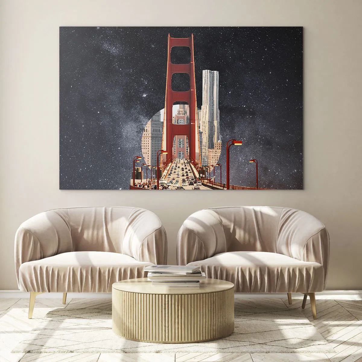 Glastavla - Bild på glas - Bro och skyskrapor i en surrealistisk galaxbakgrund - 70x50cm - Alltid i centrum - Modern väggdekoration för vardagsrum och sovrum ARTTOR