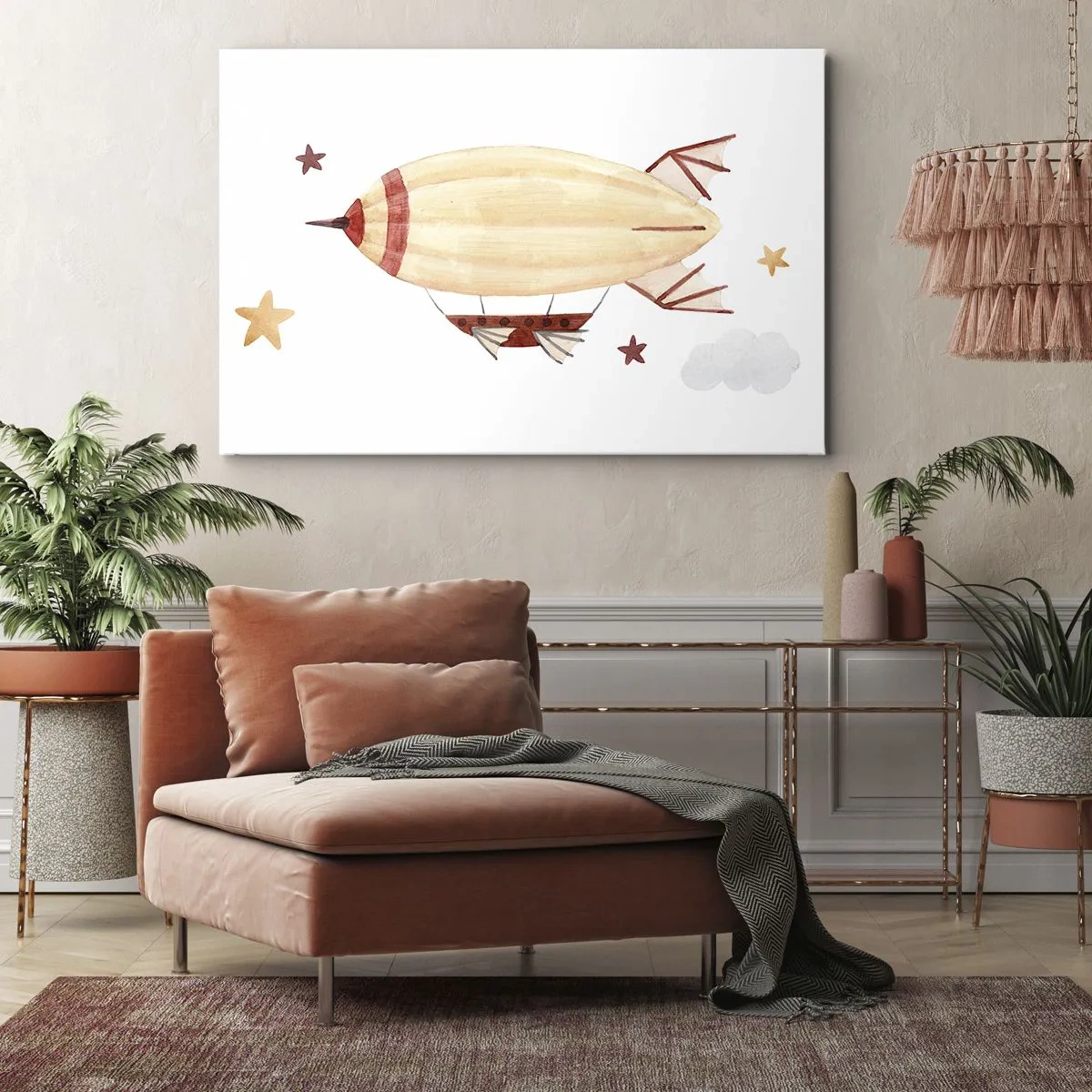 Canvastavla - Bild på duk - Ett handmålat luftskepp mot en bakgrund av stjärnor - 70x50cm - Luftskepp - Modern väggdekoration för vardagsrum och sovrum ARTTOR