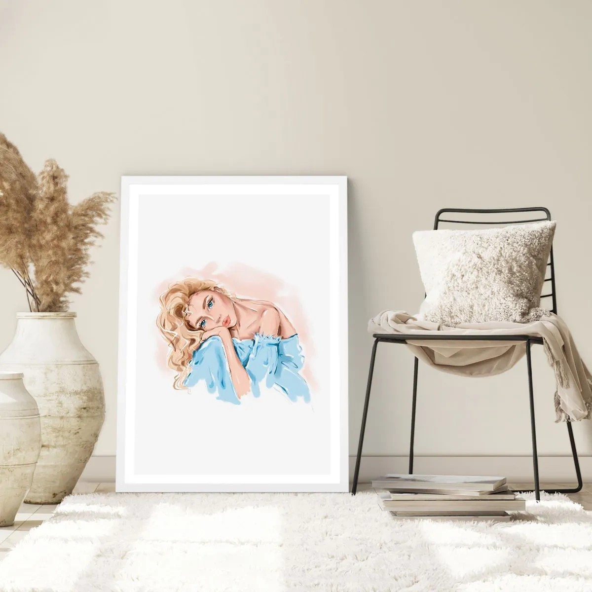 Affisch i vit ram - Drömmande i blått - 50x70 cm