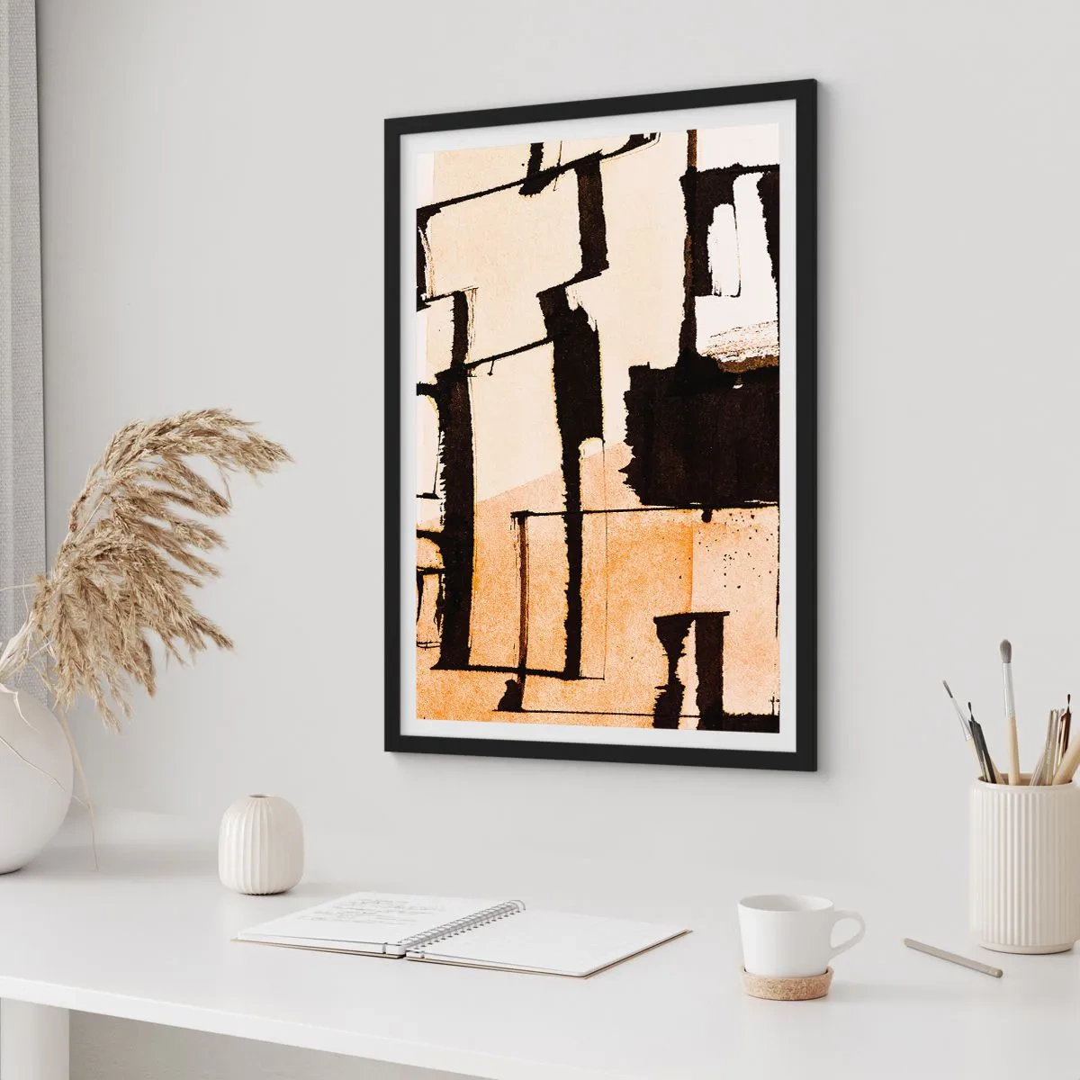 Affisch i svart ram - En abstrakt komposition av geometriska former i nyanser av beige och svart. - 50x70cm - Ändå ordning - Modern väggdekoration för vardagsrum och sovrum ARTTOR