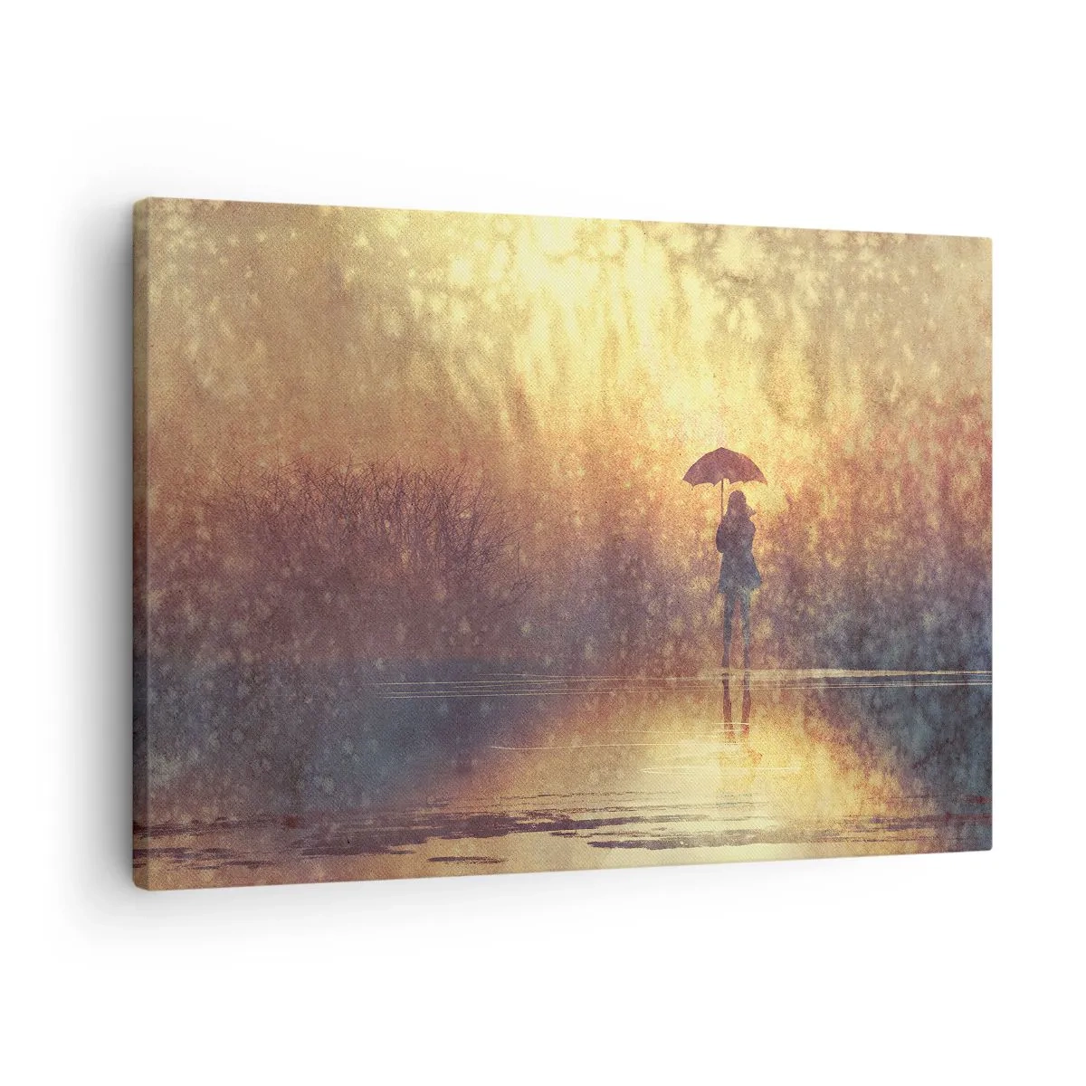Canvastavla - Bild på duk - En figur med ett paraply i ett dimmigt landskap fullt av reflektioner - 70x50cm - Jag känner att någon tittar på mig - Modern väggdekoration för vardagsrum och sovrum ARTTOR
