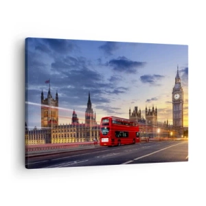 Canvastavla - Bild på duk - En röd buss med Big Ben och parlamentet i bakgrunden i skymningen. - 70x50cm - Särdrag - Modern väggdekoration för vardagsrum och sovrum ARTTOR