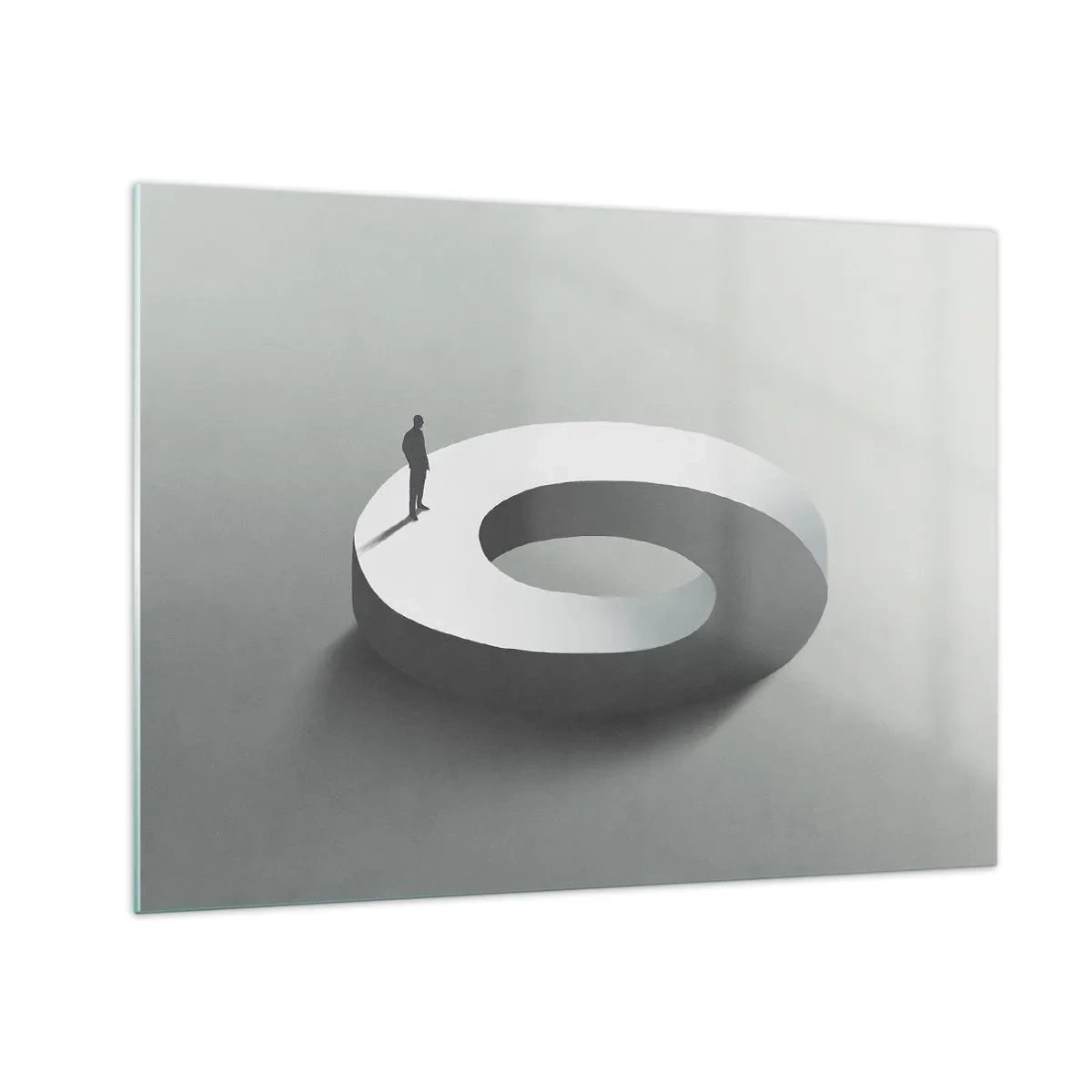 Glastavla - Bild på glas - En minimalistisk silhuett av en man på en vit ring - 70x50cm - Och försök att vara klok - Modern väggdekoration för vardagsrum och sovrum ARTTOR
