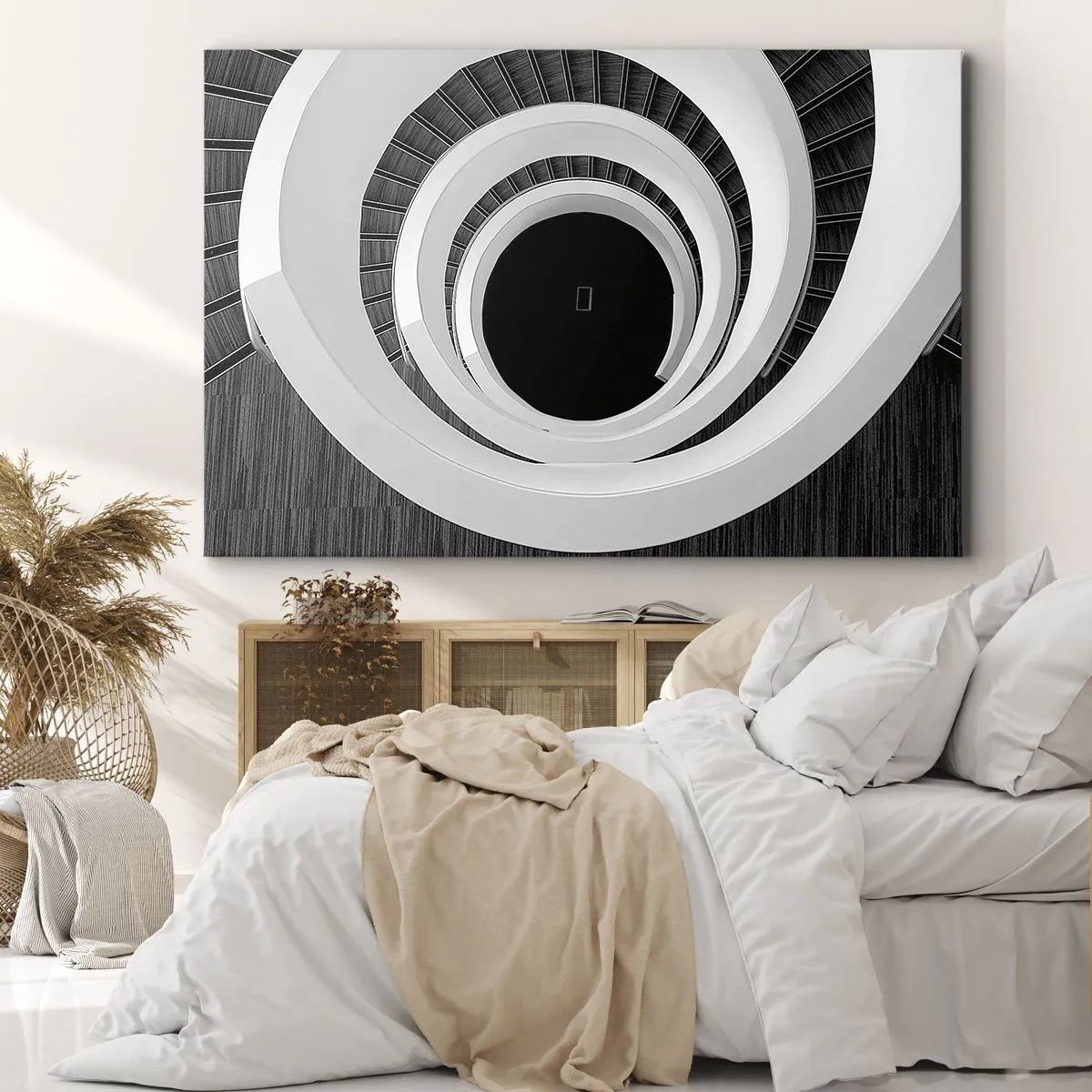 Canvastavla - Bild på duk - Svartvit spiraltrappa i modern stil - 70x50cm - Till sakens kärna - Modern väggdekoration för vardagsrum och sovrum ARTTOR